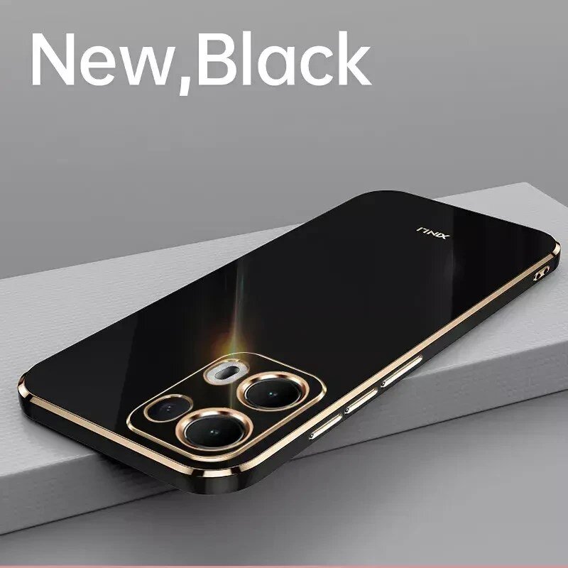 Czarne etui na telefon z trzema aparatami i złotymi akcentami leży na szarej powierzchni. Na obrazie widoczny jest tekst: \'New, Black\'.