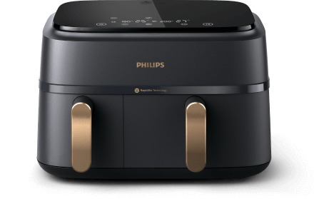 Czarna frytkownica beztłuszczowa z dwoma złotymi uchwytami i panelem dotykowym na górze. Widoczne logo \'PHILIPS\' oraz napis \'RapidAir Technology\'.