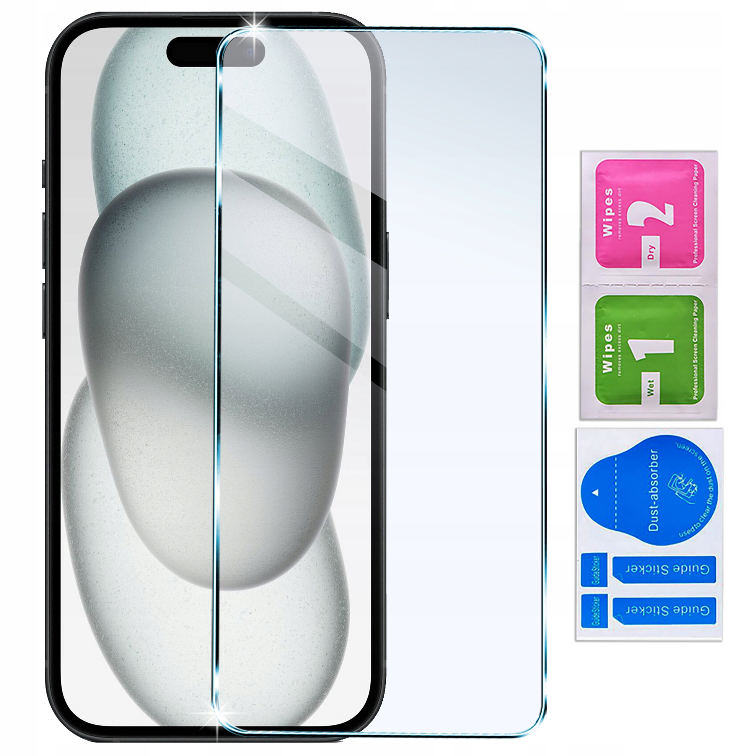 Obraz przedstawia przezroczyste szkło ochronne na ekran telefonu, obok znajdują się trzy saszetki z napisami: \'Wipes 1 Wet\', \'Wipes 2 Dry\' oraz \'Dust absorber\'.