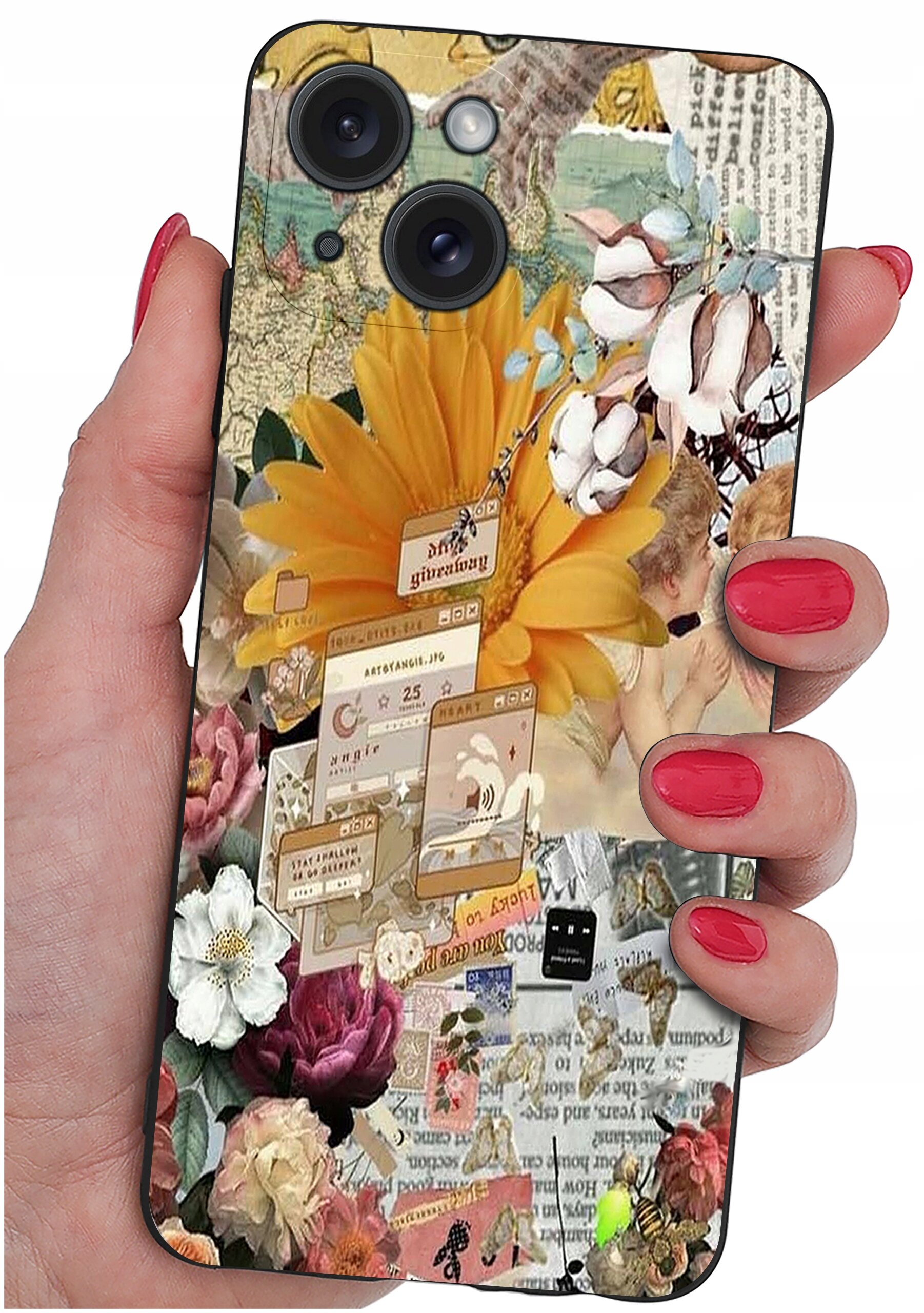 Etui na telefon z kolorowym, kwiatowym wzorem, trzymane w dłoni z pomalowanymi na czerwono paznokciami. Na etui widoczne są różne elementy graficzne, w tym kwiaty, liście i fragmenty tekstu.