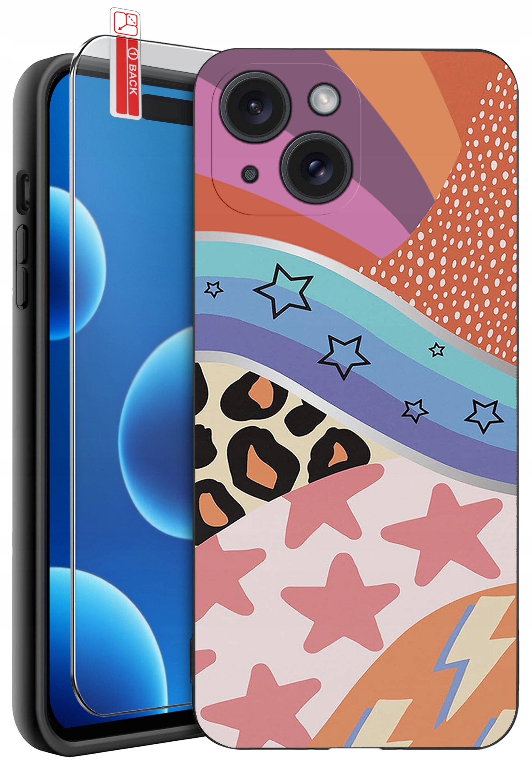 Etui na telefon z kolorowym wzorem zawierającym gwiazdy, paski i motyw zwierzęcy. Obok etui znajduje się szkło ochronne z napisem \'BACK\'.