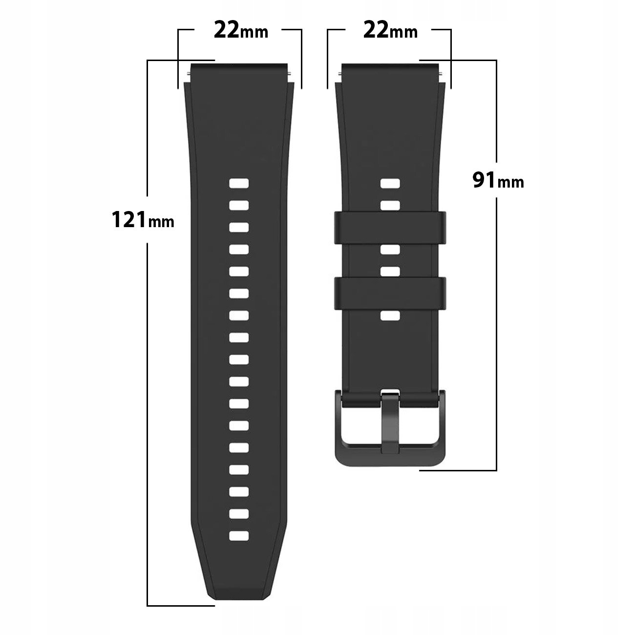 Czarny silikonowy pasek do zegarka z otworami wentylacyjnymi, o szerokości 22 mm i długości 121 mm oraz 91 mm. Pasek posiada klamrę i dwa uchwyty do regulacji długości.