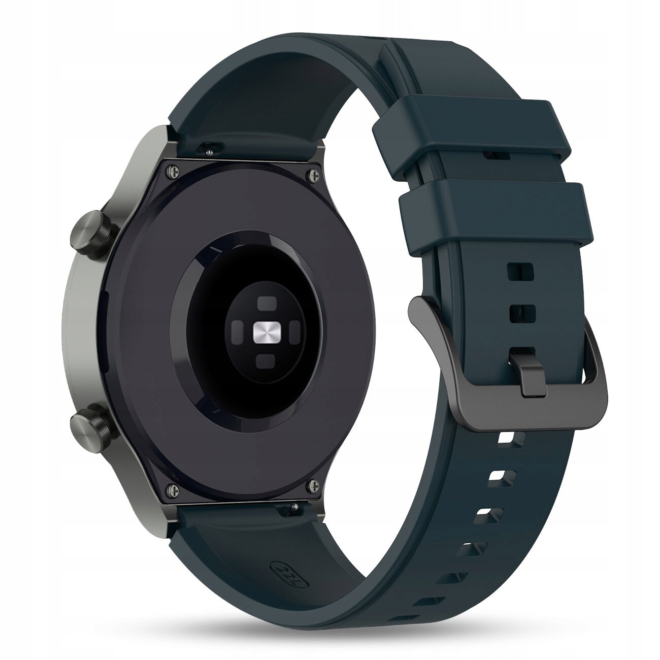 Obraz przedstawia smartwatch z ciemnym silikonowym paskiem i metalową kopertą. Widoczna jest tylna część zegarka z czujnikiem oraz zapięcie paska.