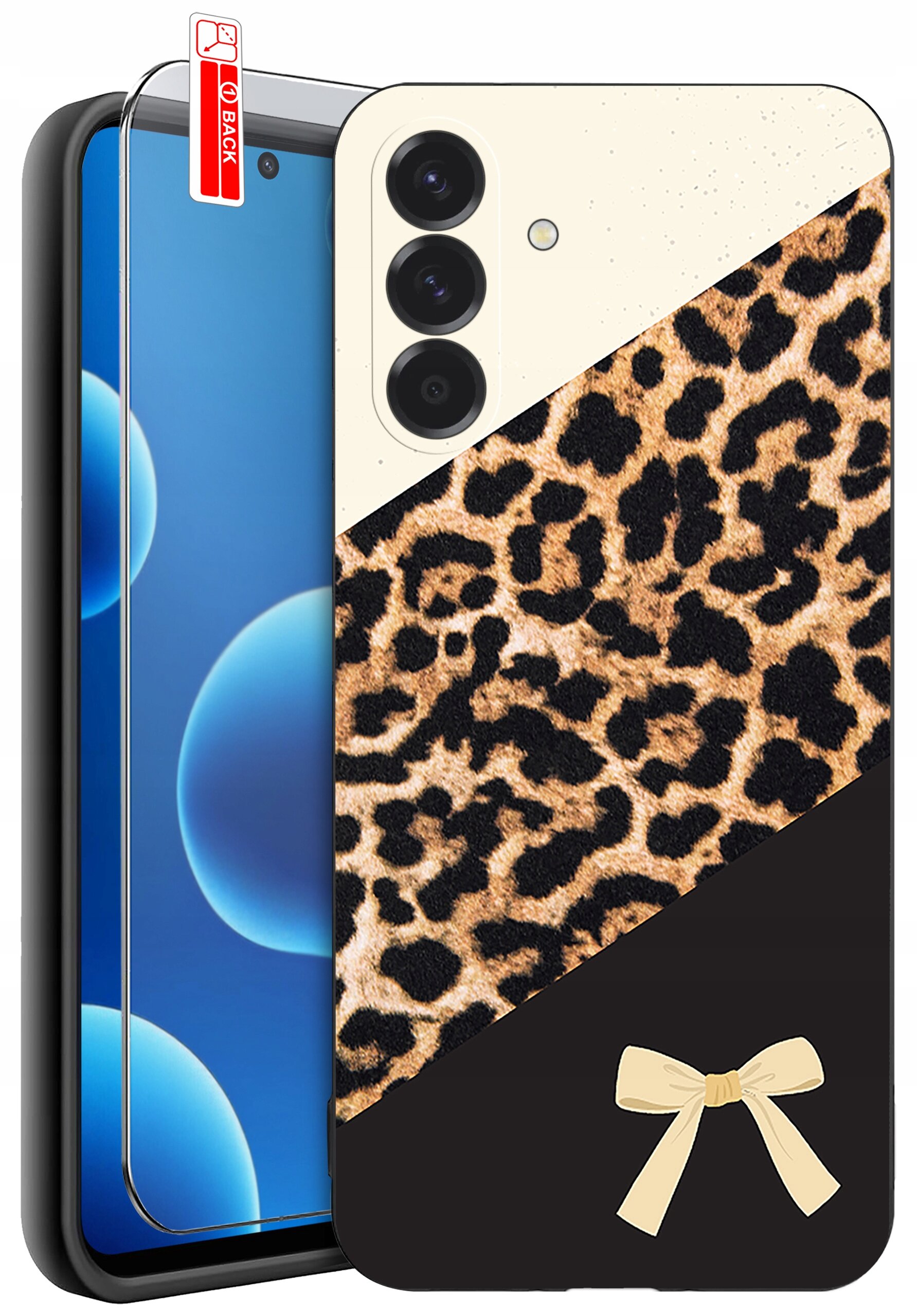 Etui na telefon z wzorem w cętki i ozdobną kokardką na dole. Obok znajduje się szkło ochronne z napisem \'BACK\'.