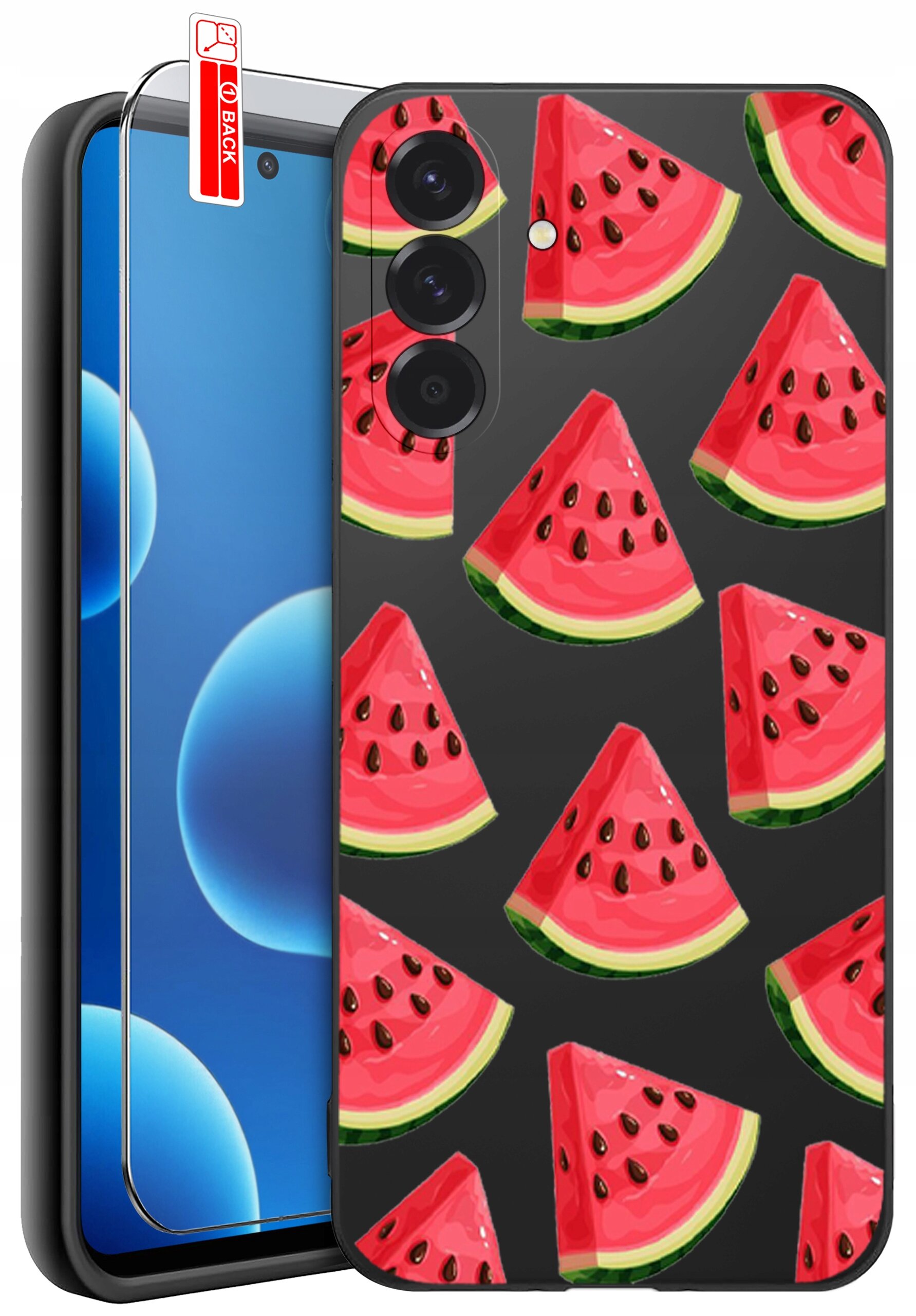 Etui na telefon z wzorem kawałków arbuza na czarnym tle, obok znajduje się szkło ochronne z napisem \'BACK\'.