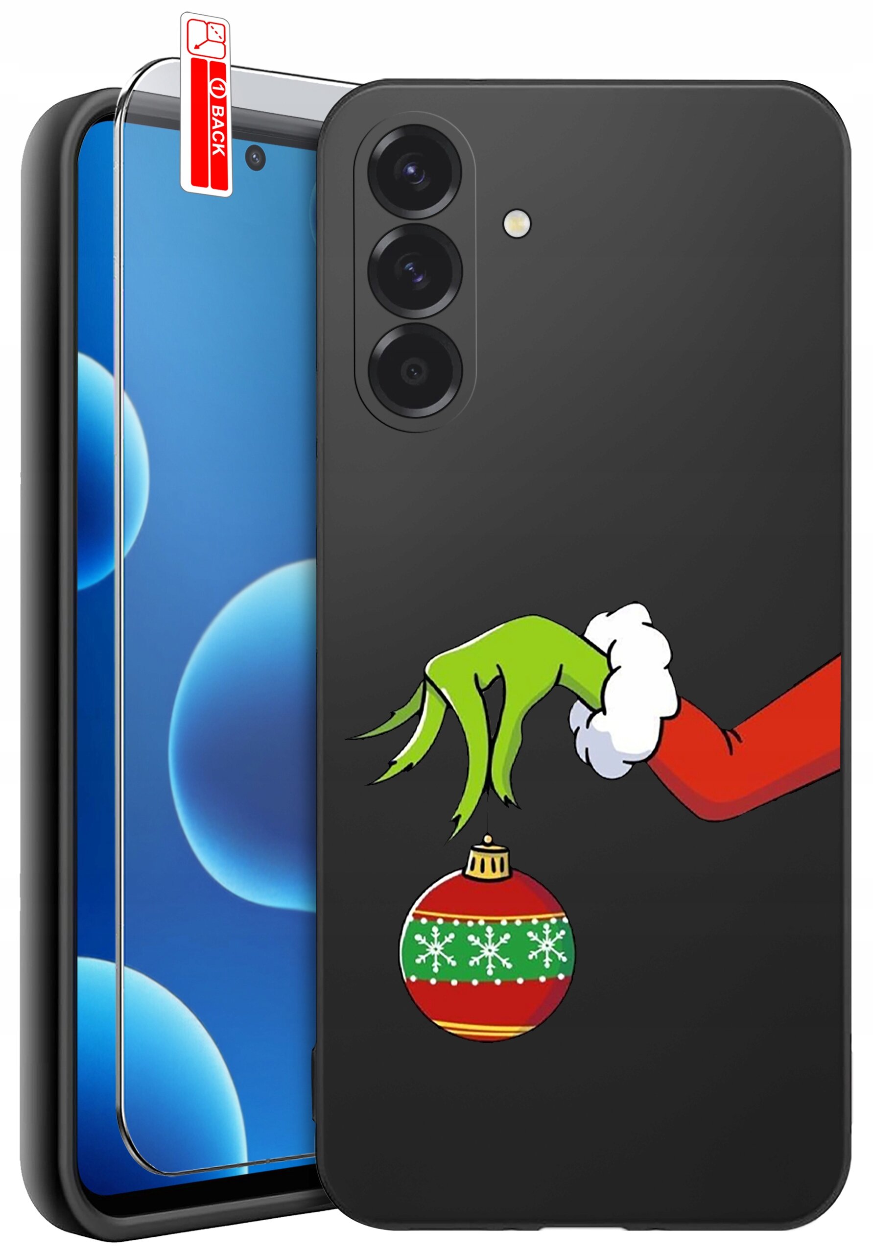 Czarne etui na telefon z grafiką przedstawiającą zieloną rękę trzymającą czerwoną bombkę świąteczną z białymi wzorami. Obok etui znajduje się szkło ochronne z napisem \'BACK\'.