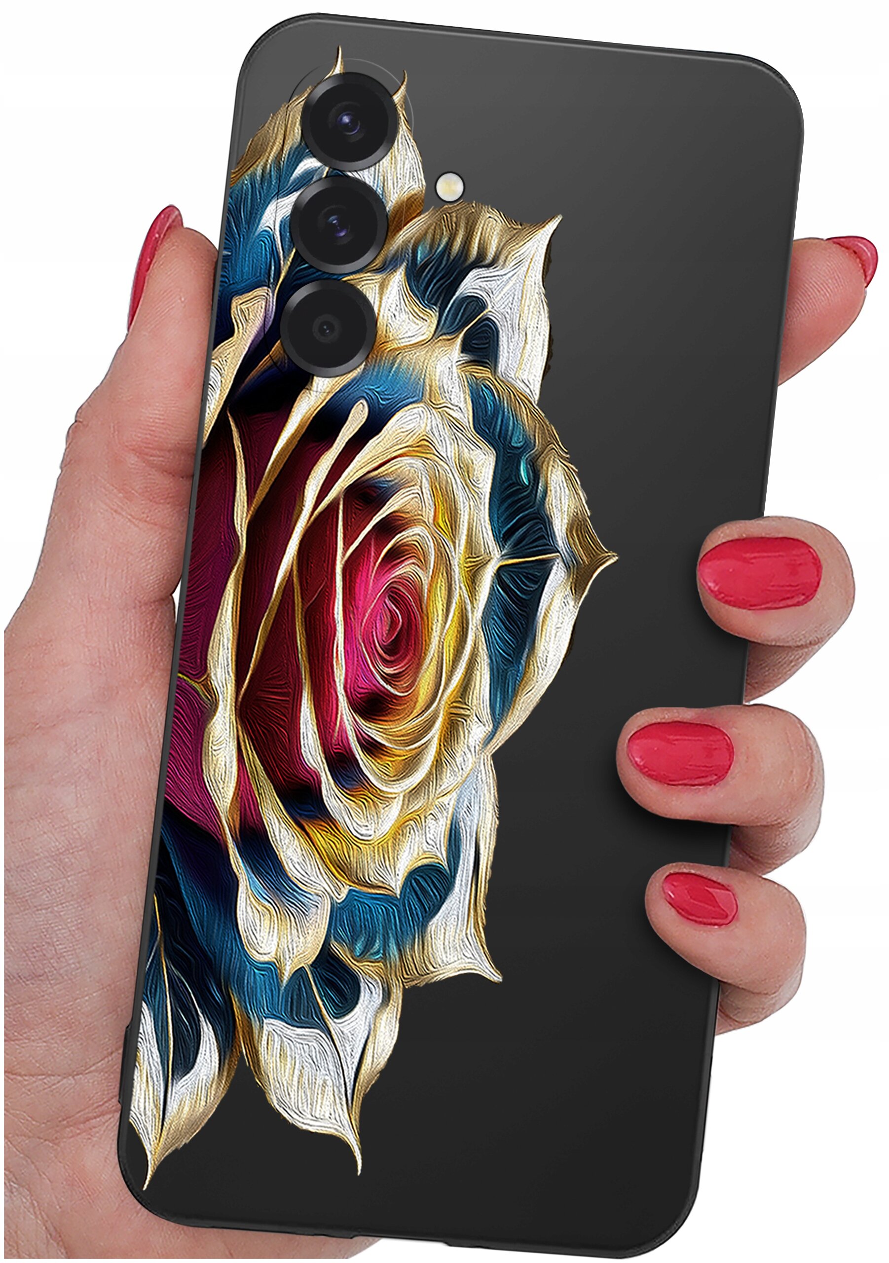 Osoba trzyma telefon z etui ozdobionym wzorem kolorowej róży. Etui jest ciemne, a wzór róży ma odcienie czerwieni, złota i niebieskiego.