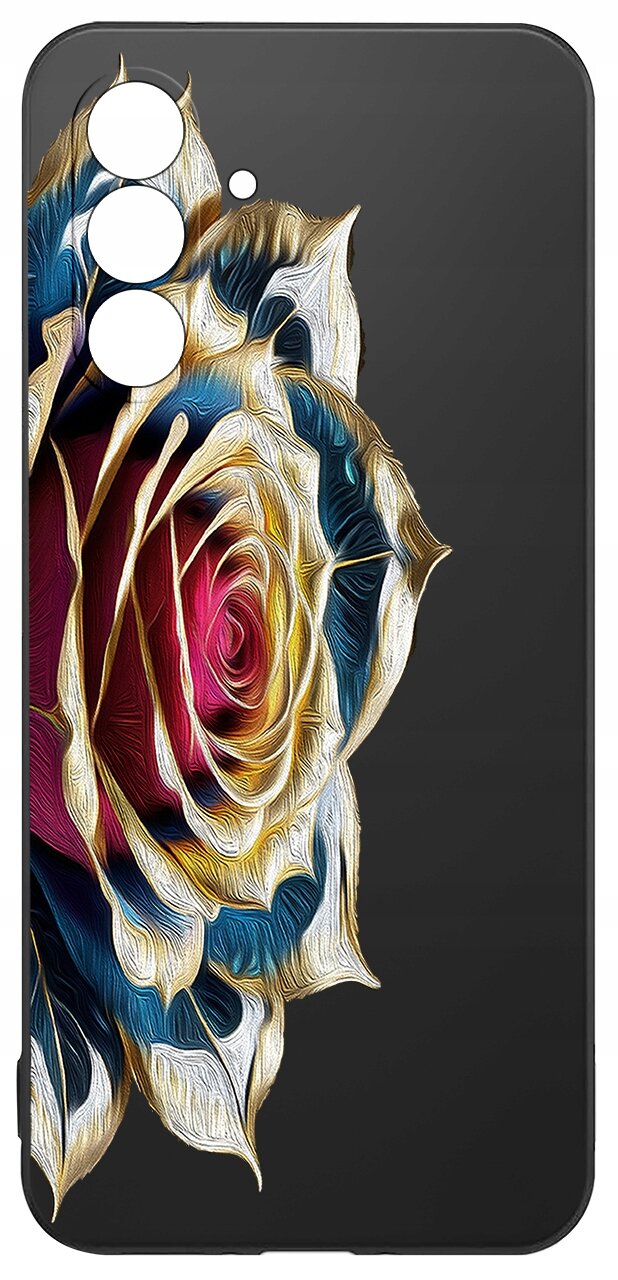 Etui na telefon z kolorowym wzorem róży na czarnym tle, z wycięciami na aparat i przyciski.