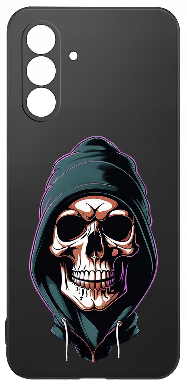 Czarne etui na telefon z nadrukiem czaszki w kapturze. Etui ma wycięcia na trzy obiektywy aparatu i lampę błyskową.