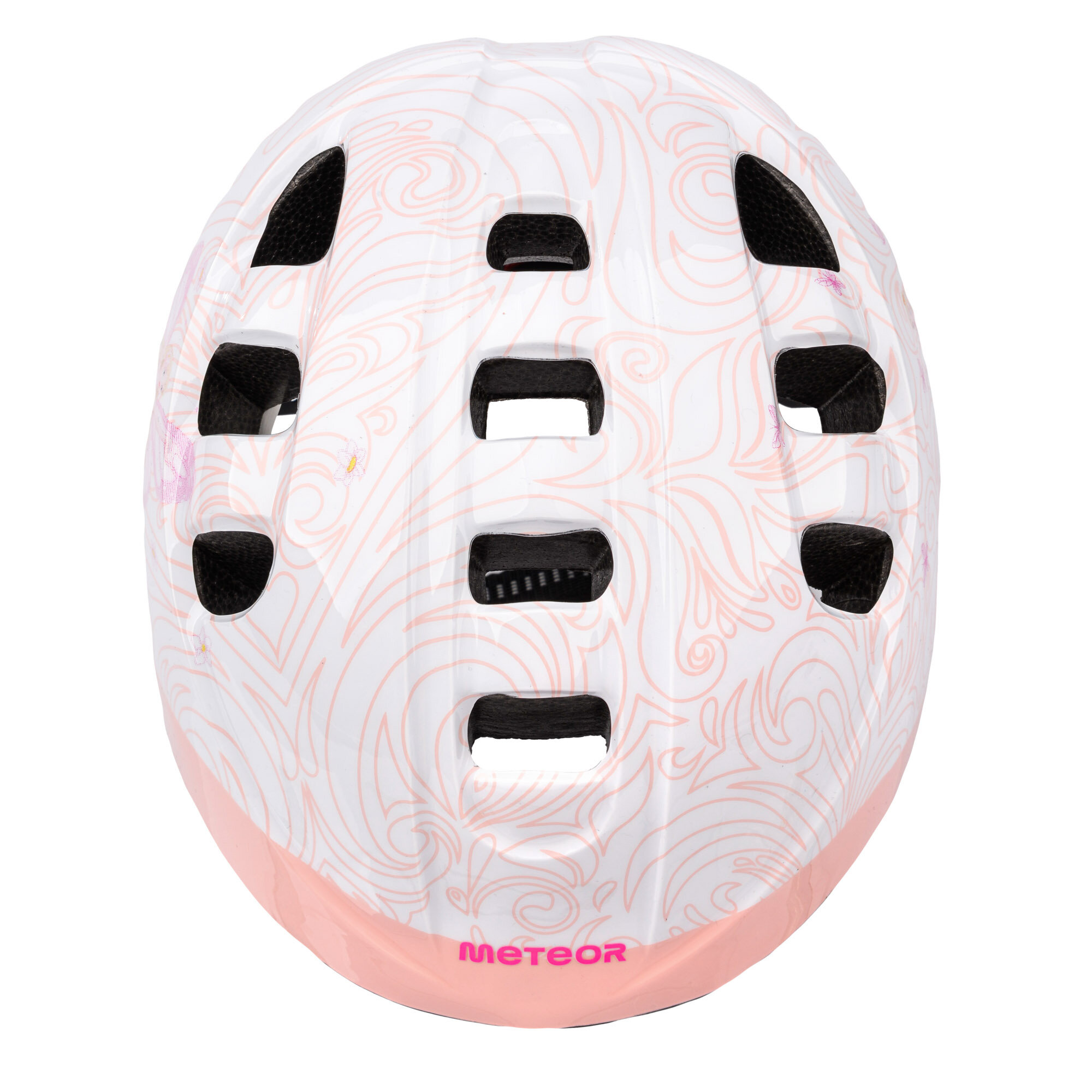 Kask rowerowy dziecięcy w kolorze białym z różowymi wzorami i różowym napisem \'METEOR\' na dole. Posiada kilka otworów wentylacyjnych.