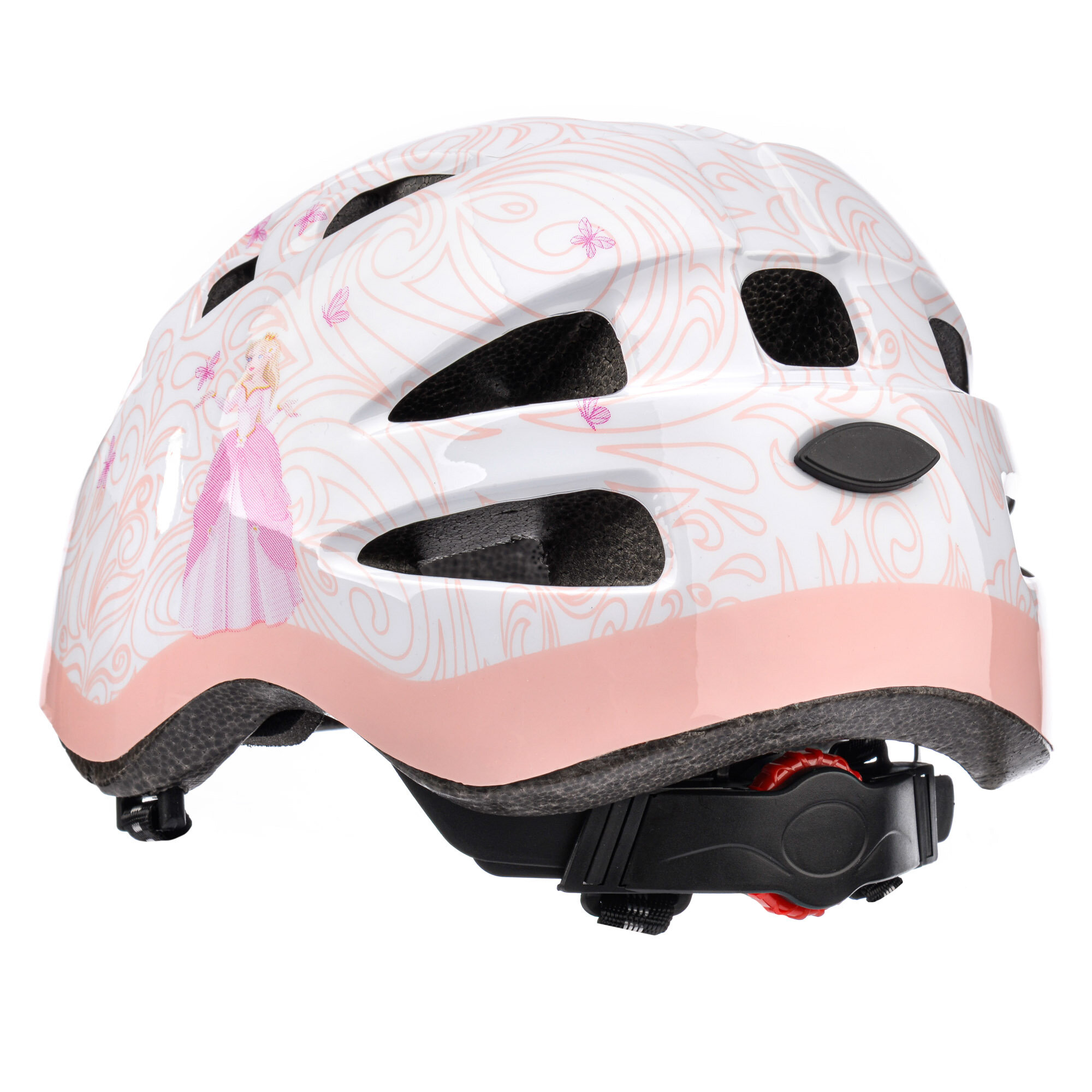 Dziecięcy kask rowerowy z regulacją, ozdobiony różowymi wzorami i grafiką księżniczki. Kask posiada otwory wentylacyjne i różowy pasek na dole.