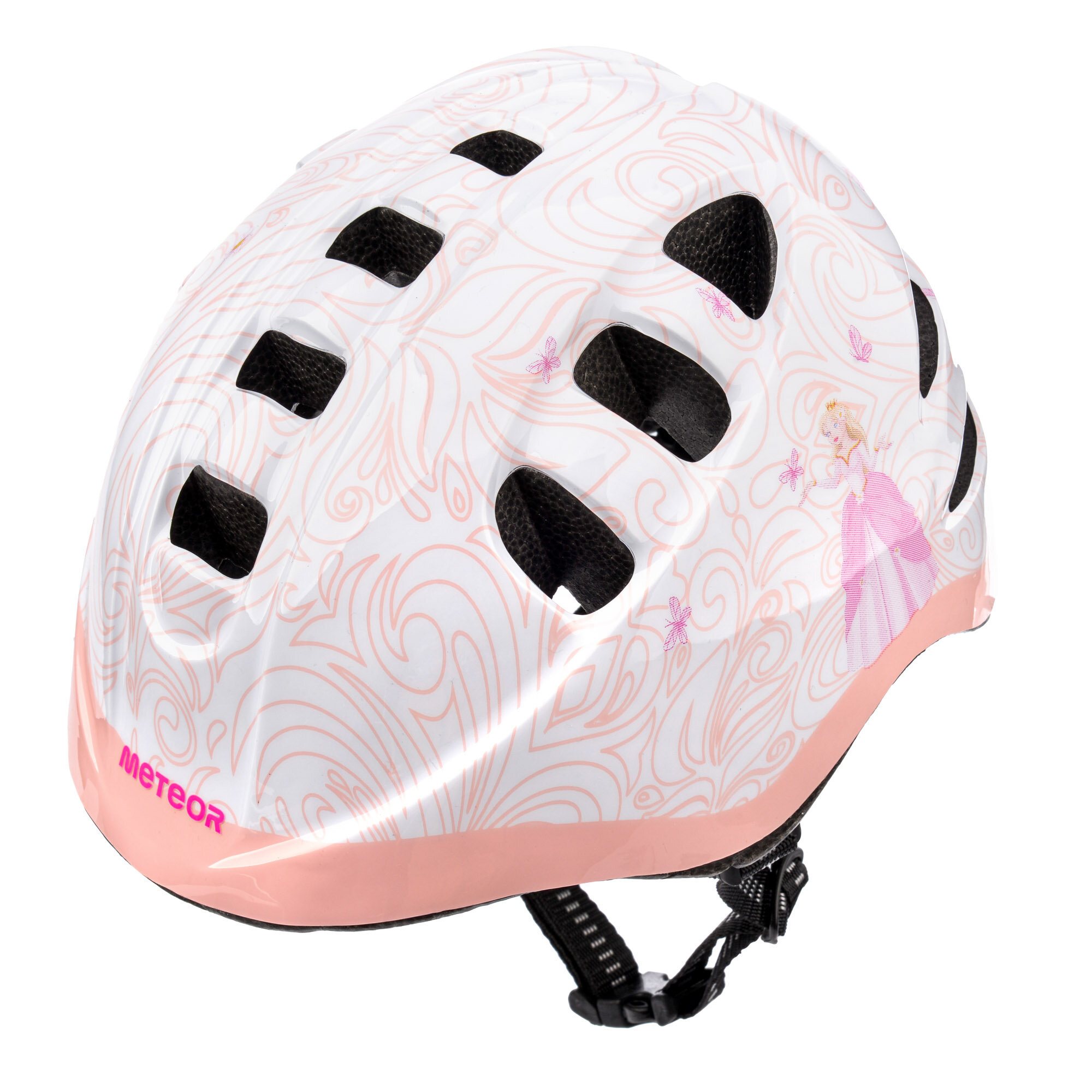 Kask rowerowy dziecięcy w kolorze białym z różowymi wzorami i grafiką księżniczki. Na kasku widoczne jest logo \'METEOR\'.
