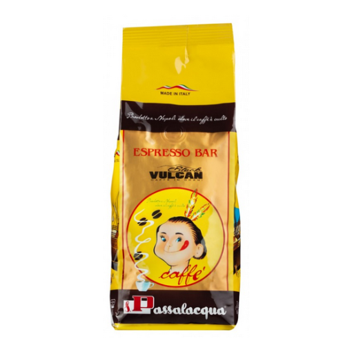 Opakowanie kawy ziarnistej Passalacqua Black Vulcan Grani 500 g z żółtym tłem i grafiką przedstawiającą twarz. Widoczny tekst: \'ESPRESSO BAR\', \'VULCAN\', \'Passalacqua\'.