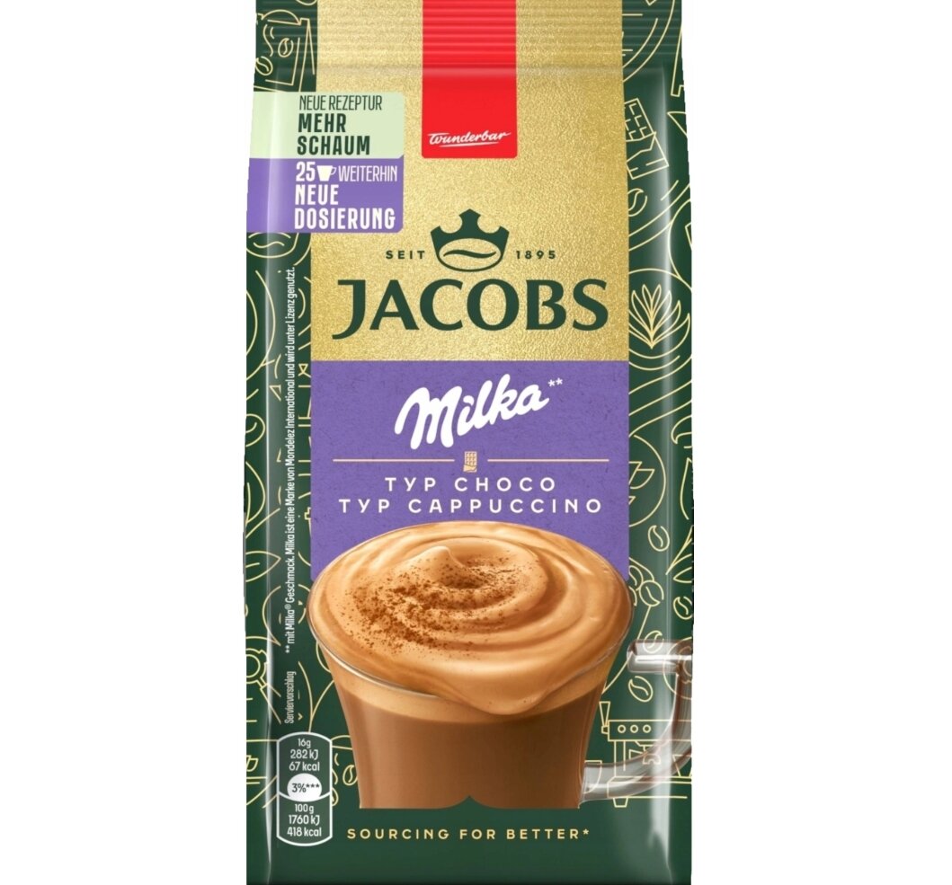 Opakowanie kawy rozpuszczalnej Jacobs Cappuccino Schoko Milka o pojemności 400 g z widocznym logo Jacobs i Milka. Na opakowaniu znajduje się obrazek filiżanki z cappuccino oraz napisy \'Neue Rezeptur\', \'Mehr Schaum\', \'25% Weiterhin Neue Dosierung\'.