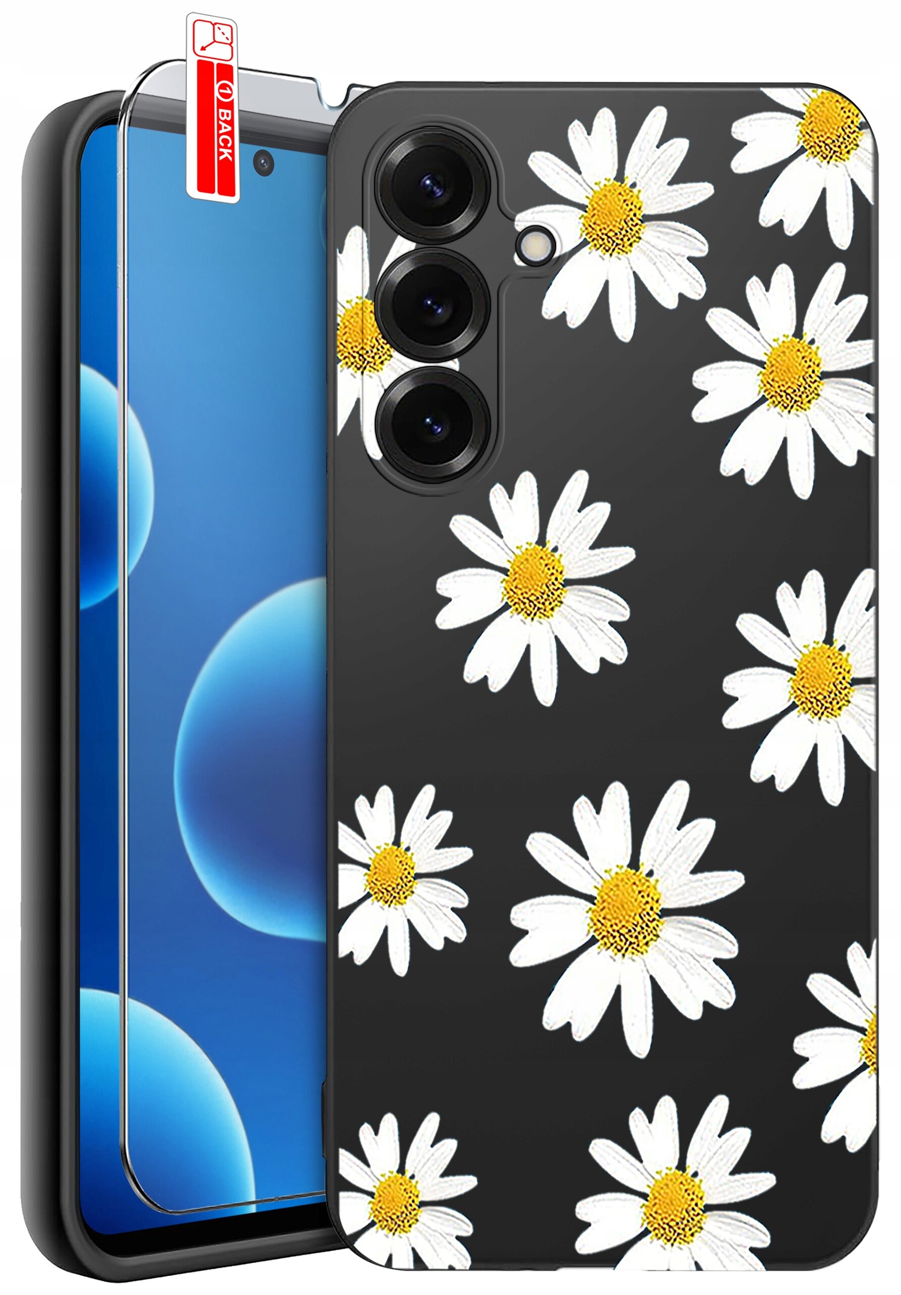 Etui na telefon z czarnym tłem ozdobione białymi kwiatami z żółtymi środkami, obok znajduje się szkło ochronne z napisem \'BACK\'.
