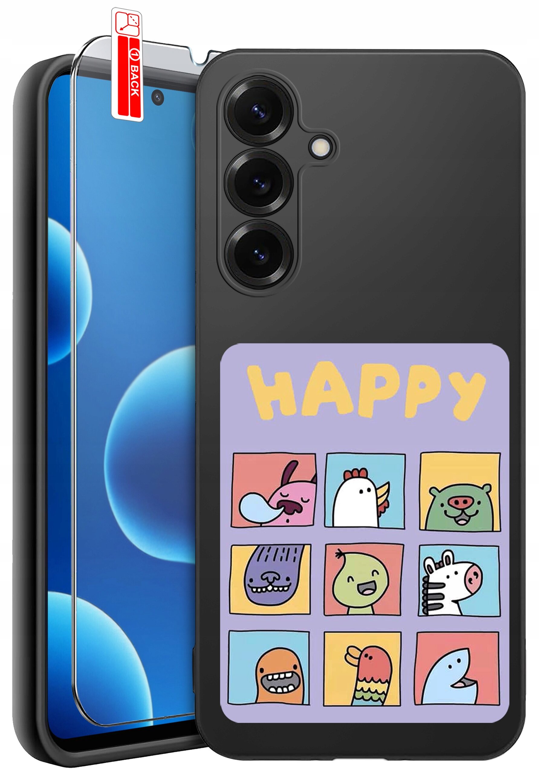 Etui na telefon z kolorowym wzorem przedstawiającym dziewięć rysunkowych postaci i napisem \'HAPPY\'. Obok etui znajduje się szkło ochronne z oznaczeniem \'BACK\'.