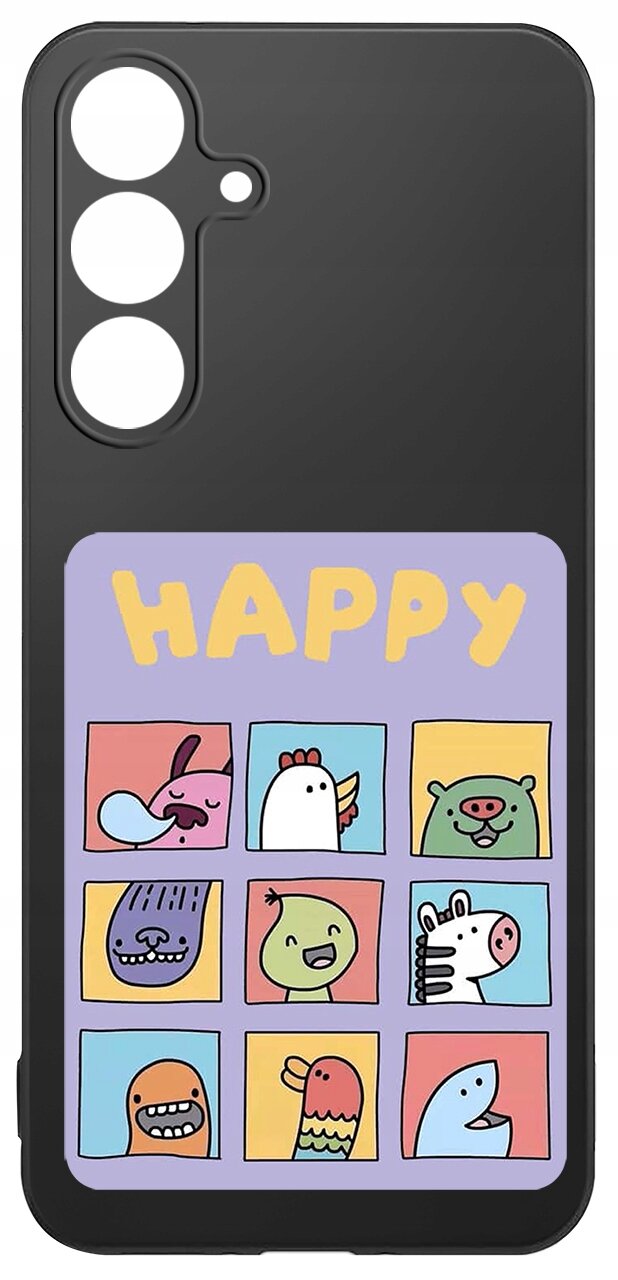 Czarne etui na telefon z kolorowym wzorem przedstawiającym dziewięć kwadratów z rysunkami zwierząt i napisem \'HAPPY\' na górze. Etui ma wycięcia na trzy obiektywy aparatu i lampę błyskową.
