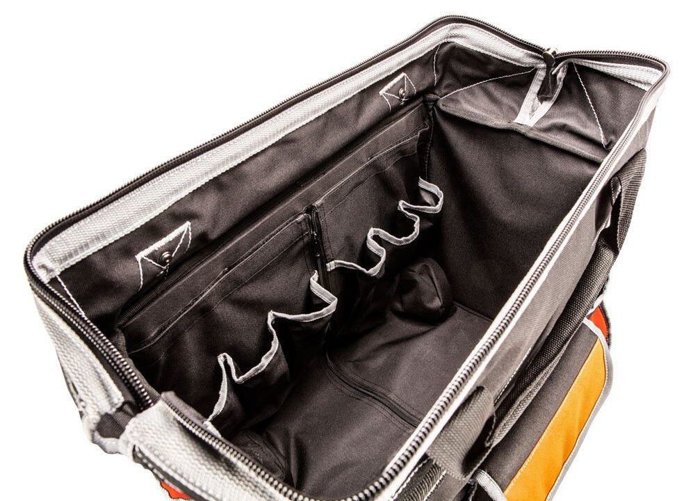 Torba monterska NEO TOOLS 84-302 z 11 kieszeniami wewnętrznymi, 6 zewnętrznymi i dużą komorą główną - otwarta torba widocznie wyraźne wnętrze