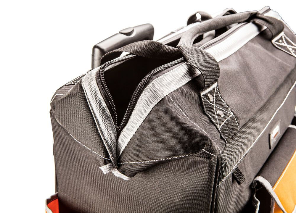 Torba monterska NEO TOOLS 84-302 z mocnym uchwytem wzmocnionym nitami dla komfortu przenoszenia - rozchylona torba zbliżenie na uchwyty ręczne
