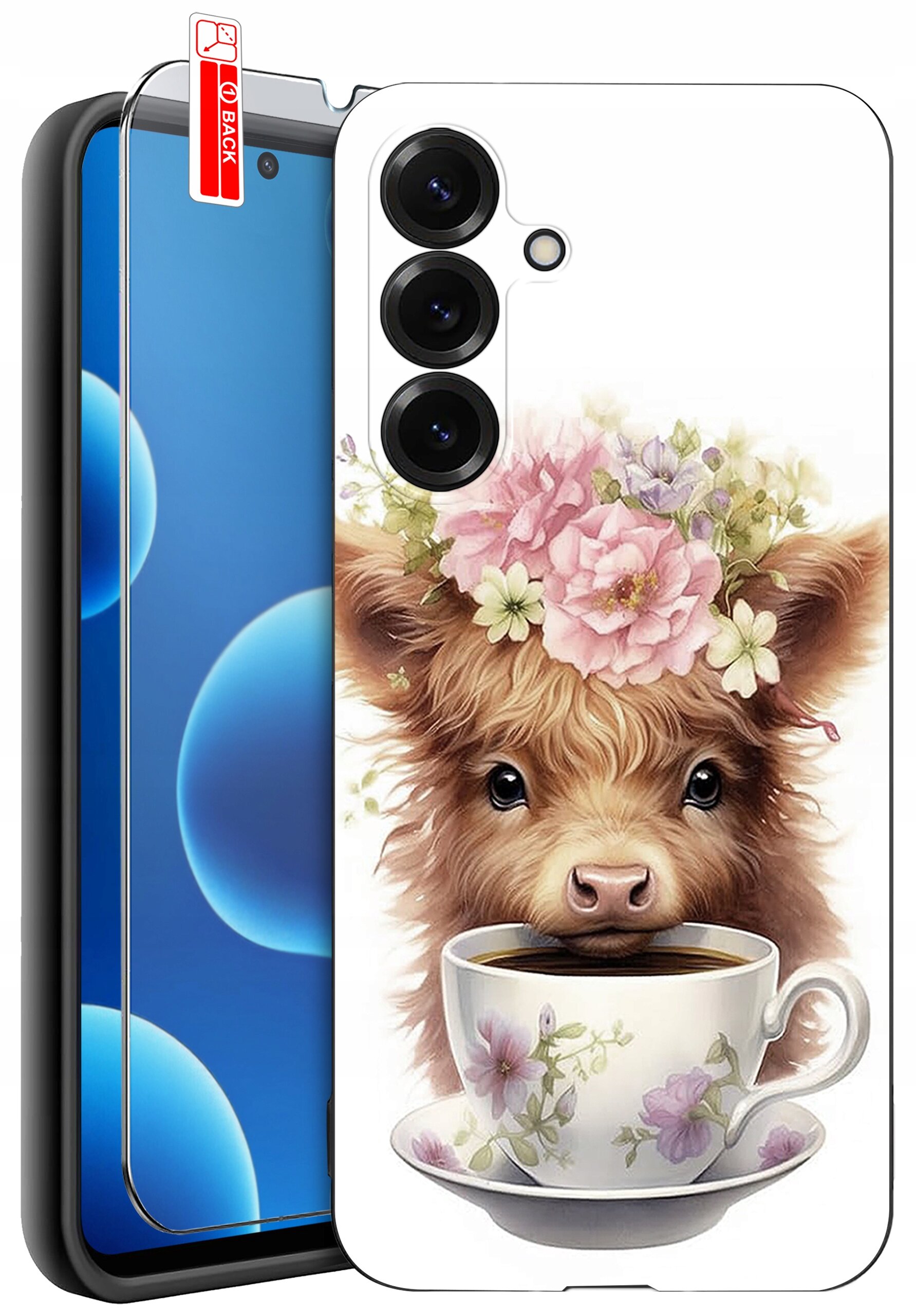 Etui na telefon z nadrukiem przedstawiającym urocze zwierzę z kwiatową koroną, trzymające filiżankę. Obok znajduje się szkło ochronne z napisem \'BACK\'.