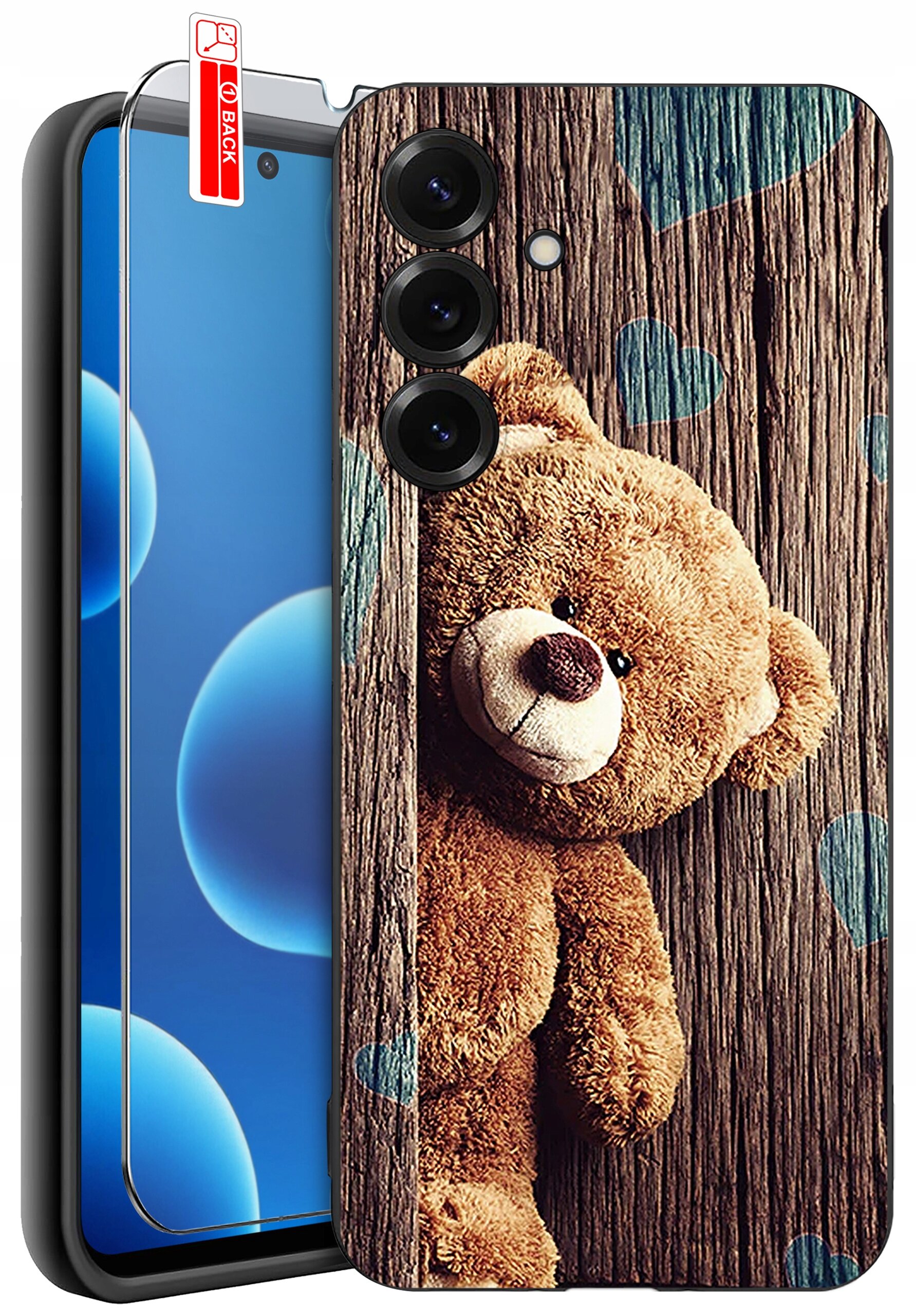 Etui na telefon z nadrukiem misia na tle drewnianej tekstury oraz szkło ochronne z napisem \'BACK\'.