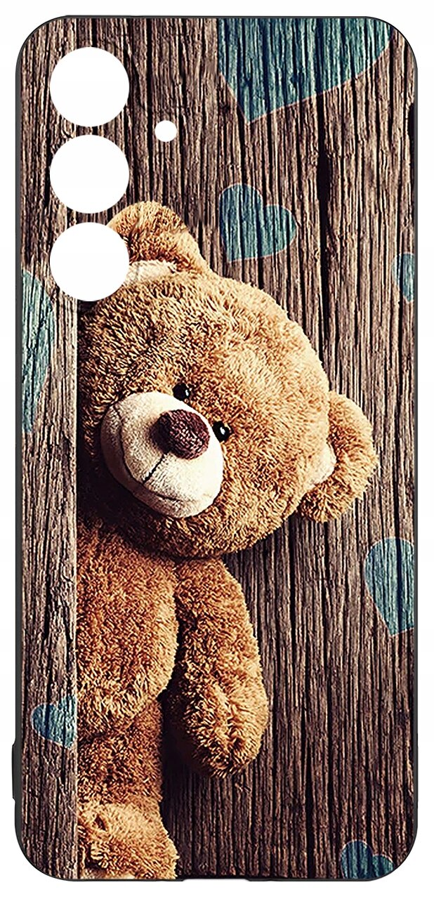 Etui na telefon z nadrukiem misia na tle drewnianej tekstury z niebieskimi sercami.