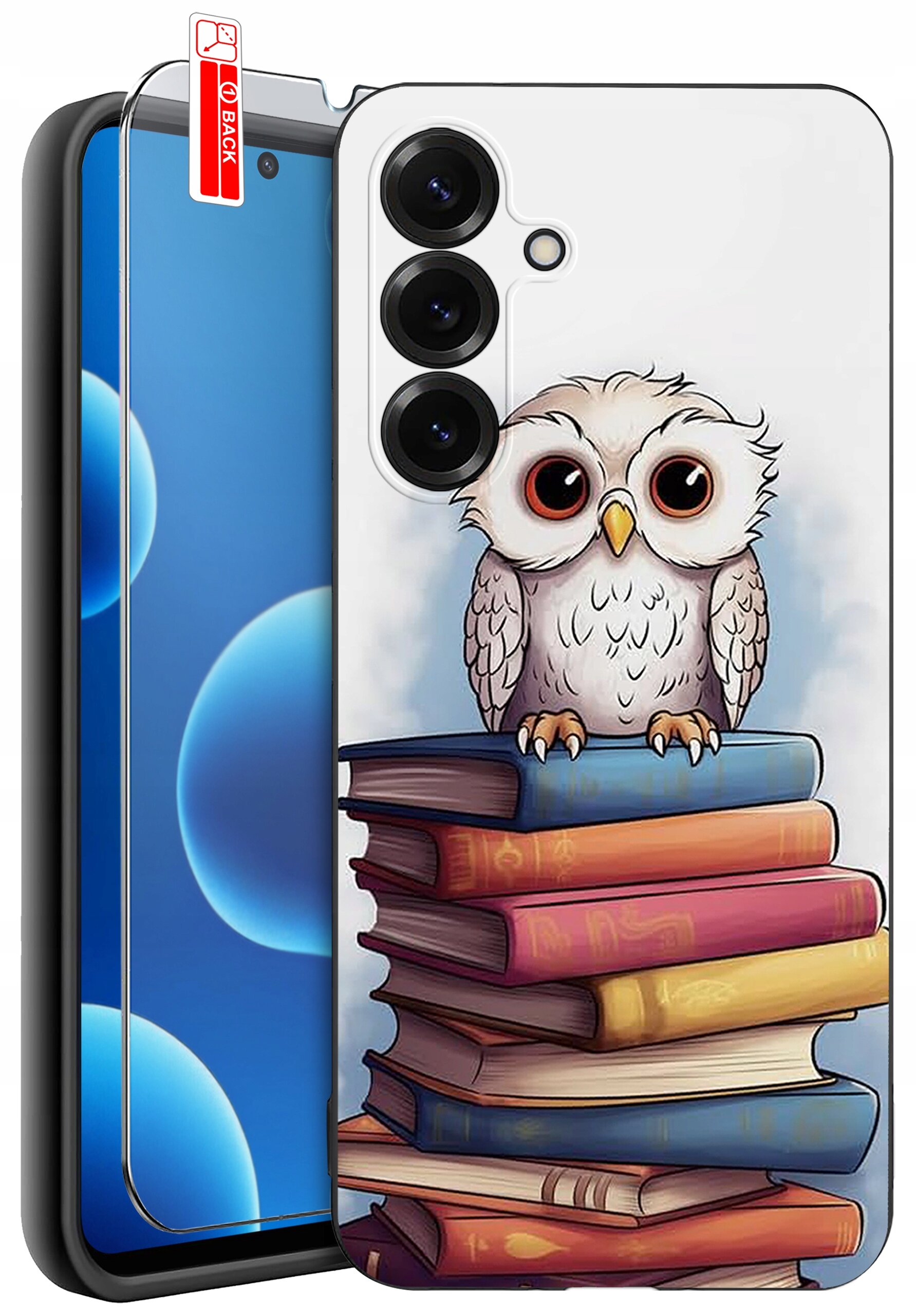 Etui na telefon z nadrukiem sowy siedzącej na stosie książek. Obok widoczna jest osłona ekranu z napisem \'BACK\'.