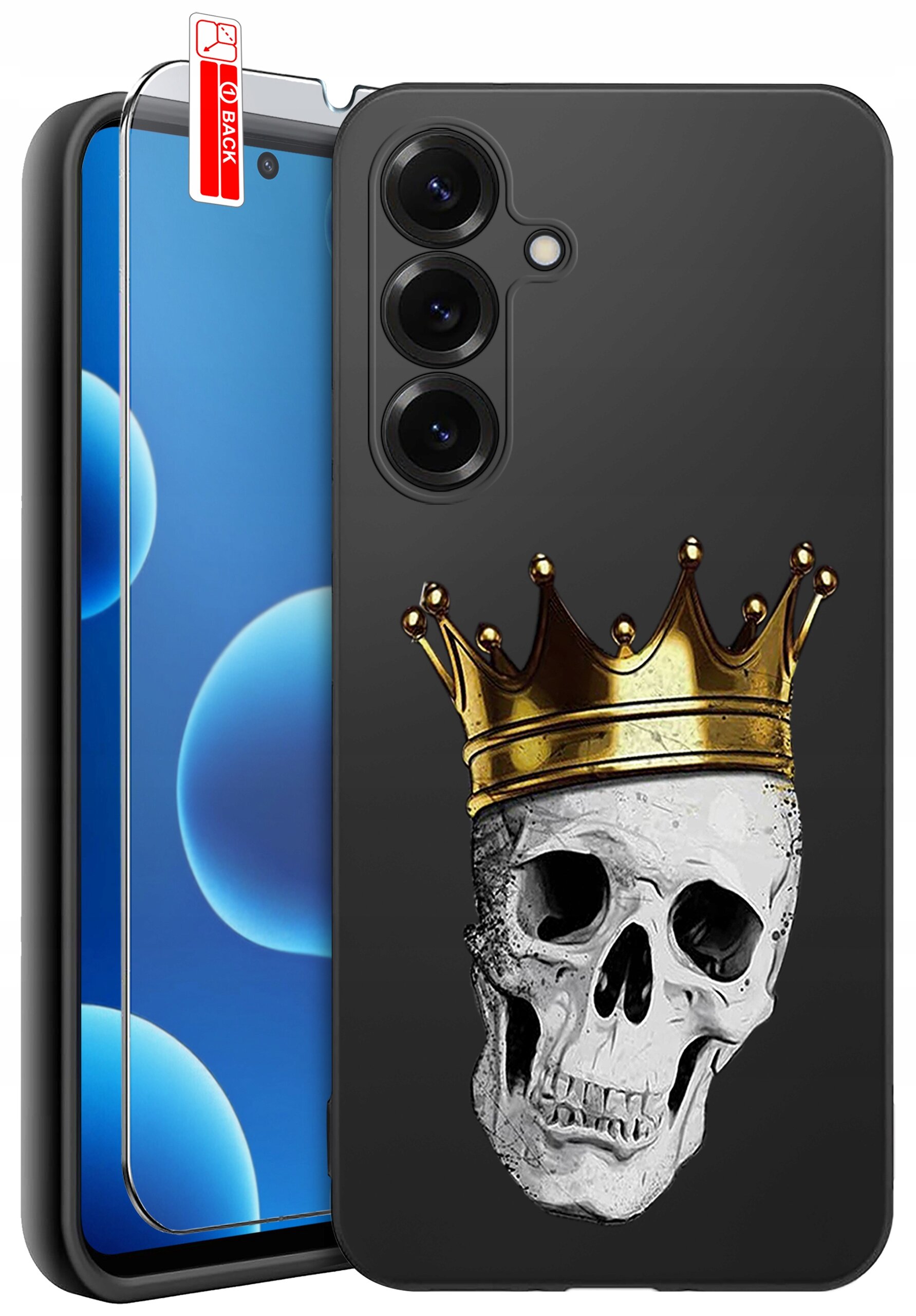Czarne etui na telefon z nadrukiem czaszki w złotej koronie. Obok znajduje się szkło ochronne z etykietą \'BACK\'.