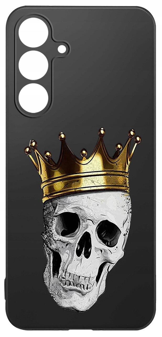 Czarne etui na telefon z nadrukiem czaszki w złotej koronie. Etui ma wycięcia na trzy obiektywy aparatu i lampę błyskową.