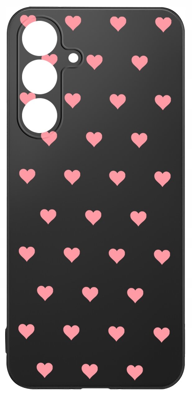 Czarne etui na telefon z różowymi sercami rozmieszczonymi równomiernie na całej powierzchni. Etui posiada wycięcia na aparat i przyciski.