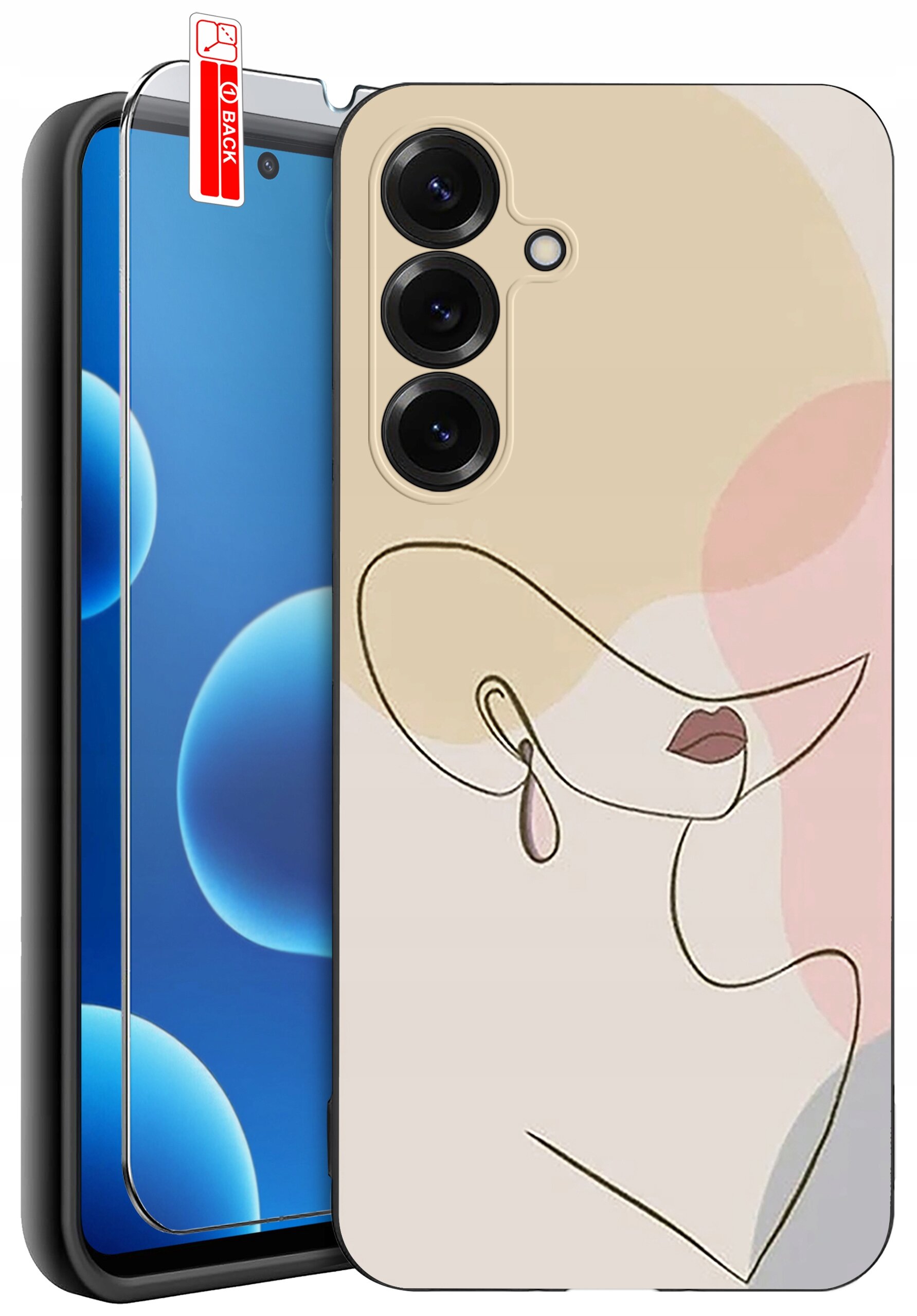 Obraz przedstawia etui na telefon z abstrakcyjnym wzorem twarzy w pastelowych kolorach. Obok etui znajduje się szkło ochronne z napisem \'BACK\'.