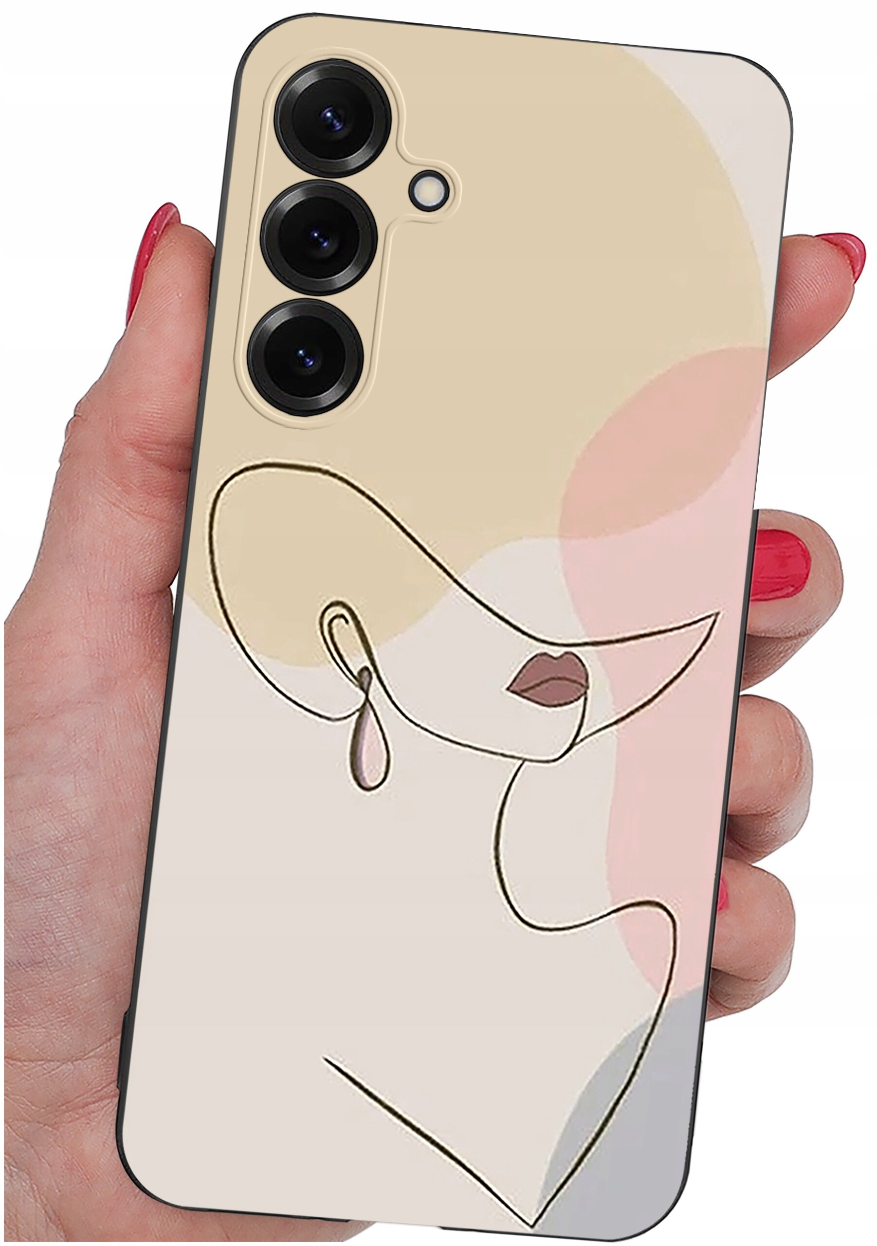 Etui na telefon z abstrakcyjnym wzorem przedstawiającym twarz w minimalistycznym stylu, trzymane w dłoni. Etui ma trzy otwory na obiektywy aparatu.