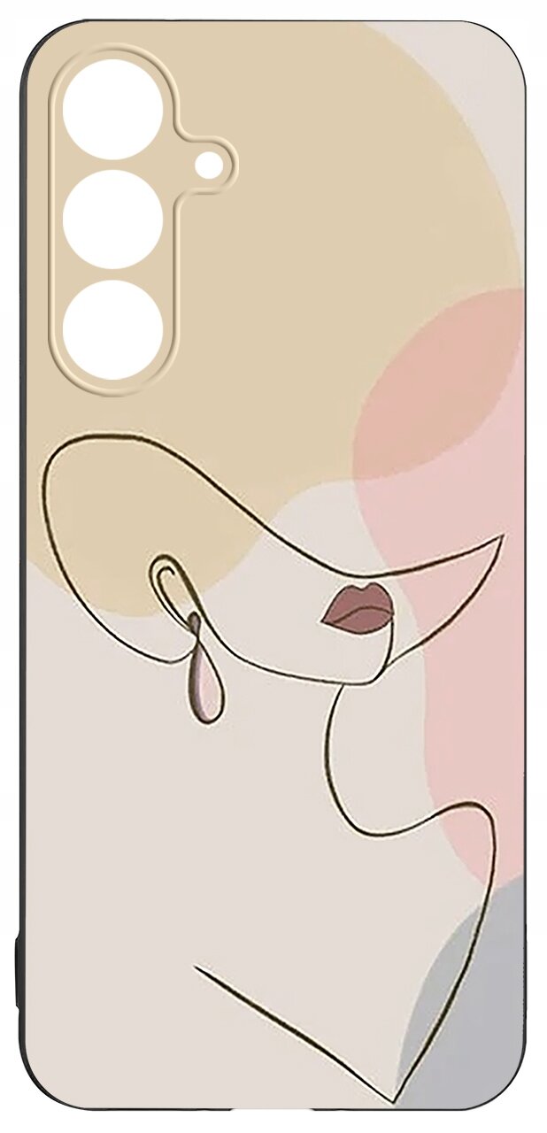 Etui na telefon z abstrakcyjnym wzorem przedstawiającym twarz w stylu line art, w pastelowych kolorach beżu, różu i szarości. Etui ma wycięcia na trzy obiektywy aparatu.