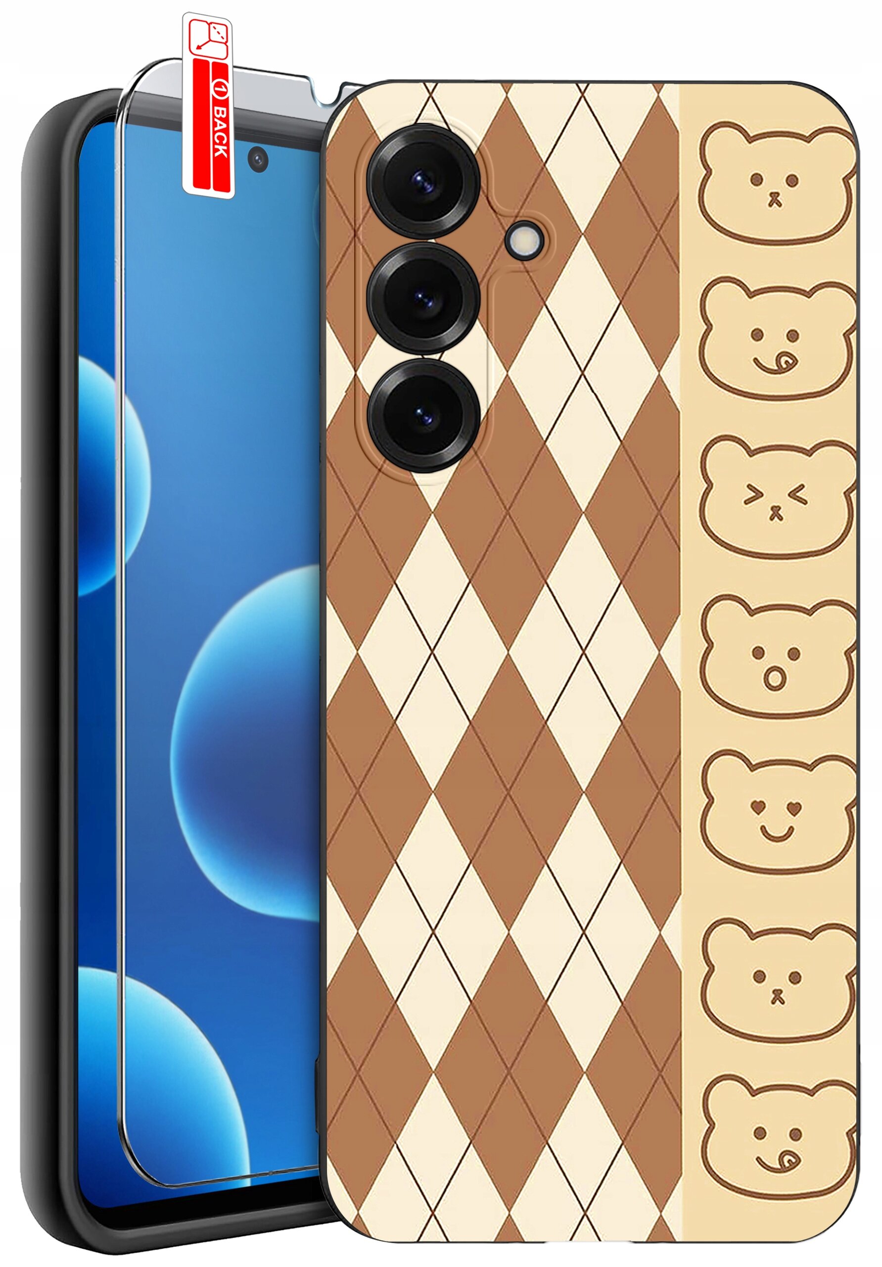 Etui na telefon z brązowym wzorem w romby oraz rysunkami misiów po boku. Na ekranie telefonu znajduje się szkło ochronne z napisem \'BACK\'.