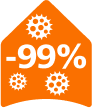 Pomarańczowy kształt z białym tekstem \'-99%\' oraz kilkoma białymi symbolami przypominającymi wirusy lub bakterie.