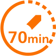 Ikona w kształcie zegara z pomarańczowym obrysem i wskazówką, z napisem \'70 min\'.