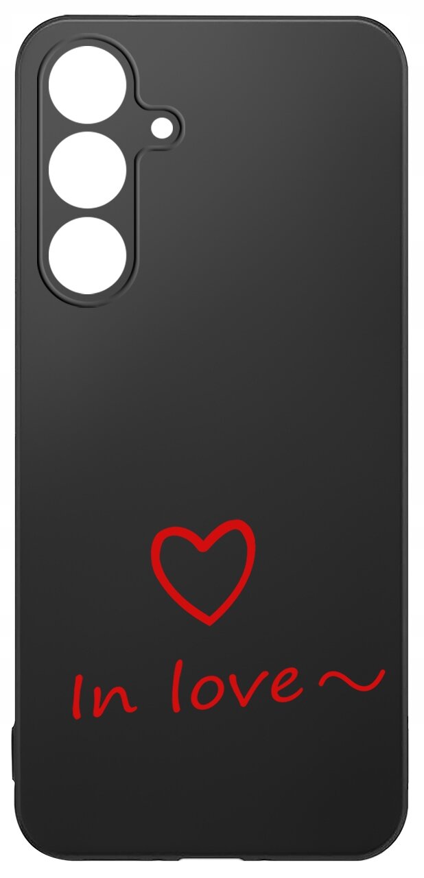 Czarne etui na telefon z trzema otworami na aparat i czerwonym napisem \'In love~\' oraz sercem poniżej.