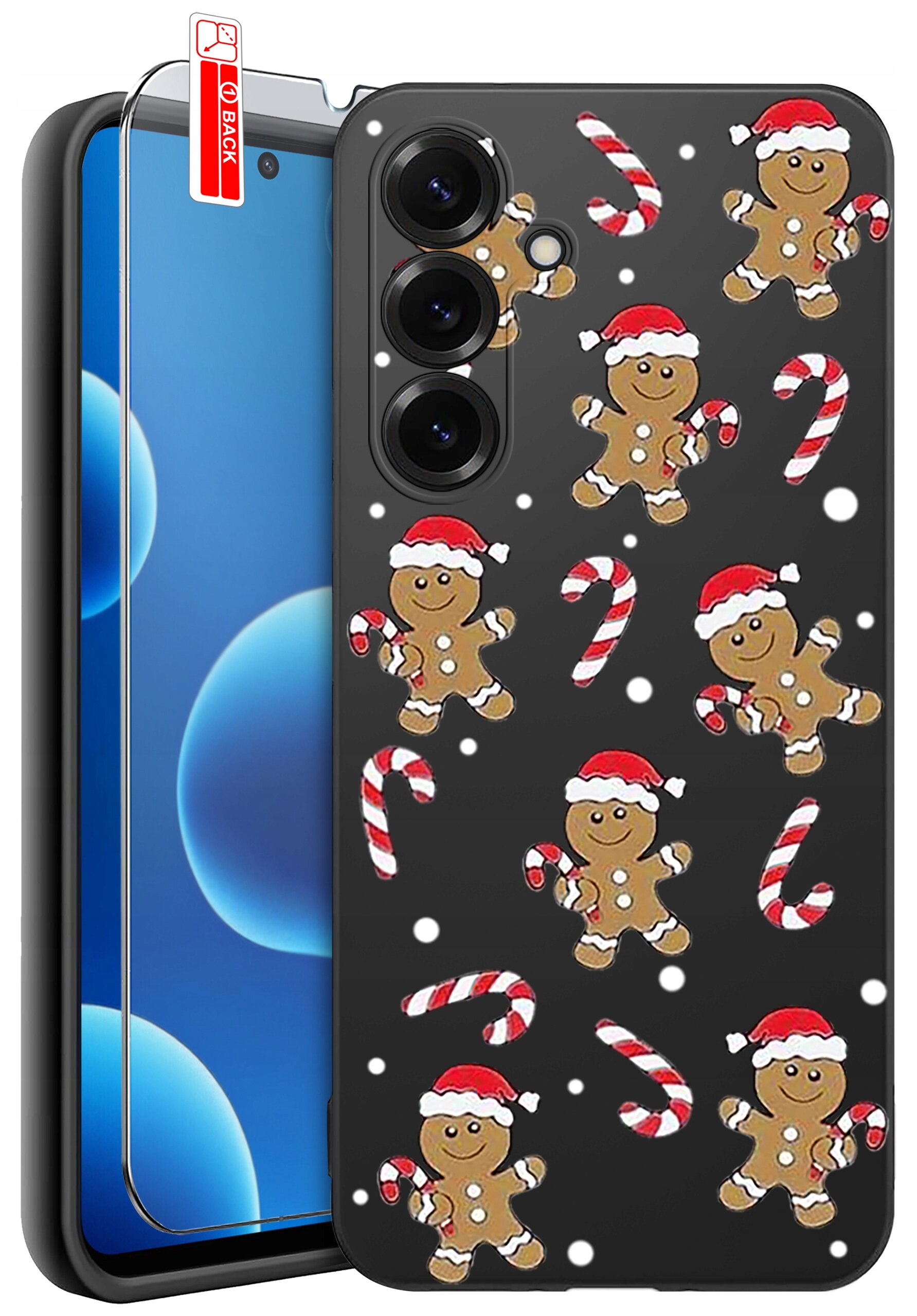 Etui na telefon z motywem piernikowych ludzików w czapkach świątecznych i cukrowych lasek na czarnym tle. Obok etui znajduje się szkło ochronne z napisem \'BACK\'.