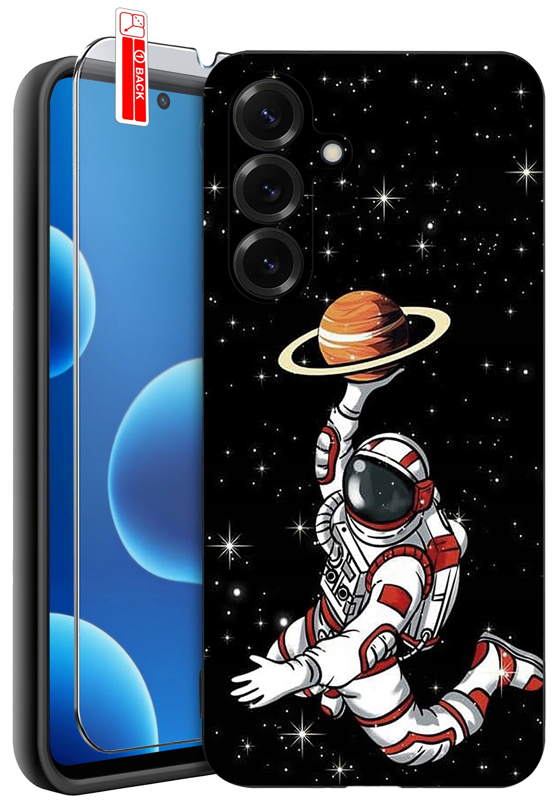 Etui na telefon z grafiką przedstawiającą astronautę trzymającego planetę z pierścieniami na tle gwiazd. Obok znajduje się szkło ochronne z etykietą \'BACK\'.