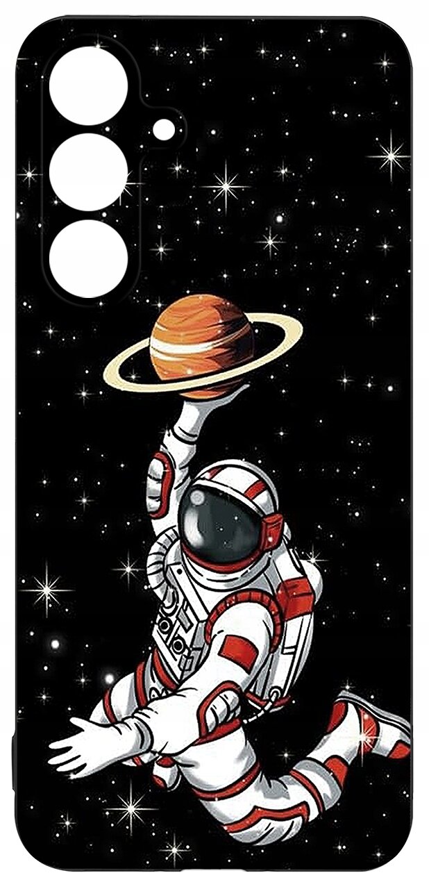 Etui z motywem astronauty unoszącego planetę z pierścieniami na tle gwiazd. Etui ma wycięcia na trzy obiektywy aparatu.