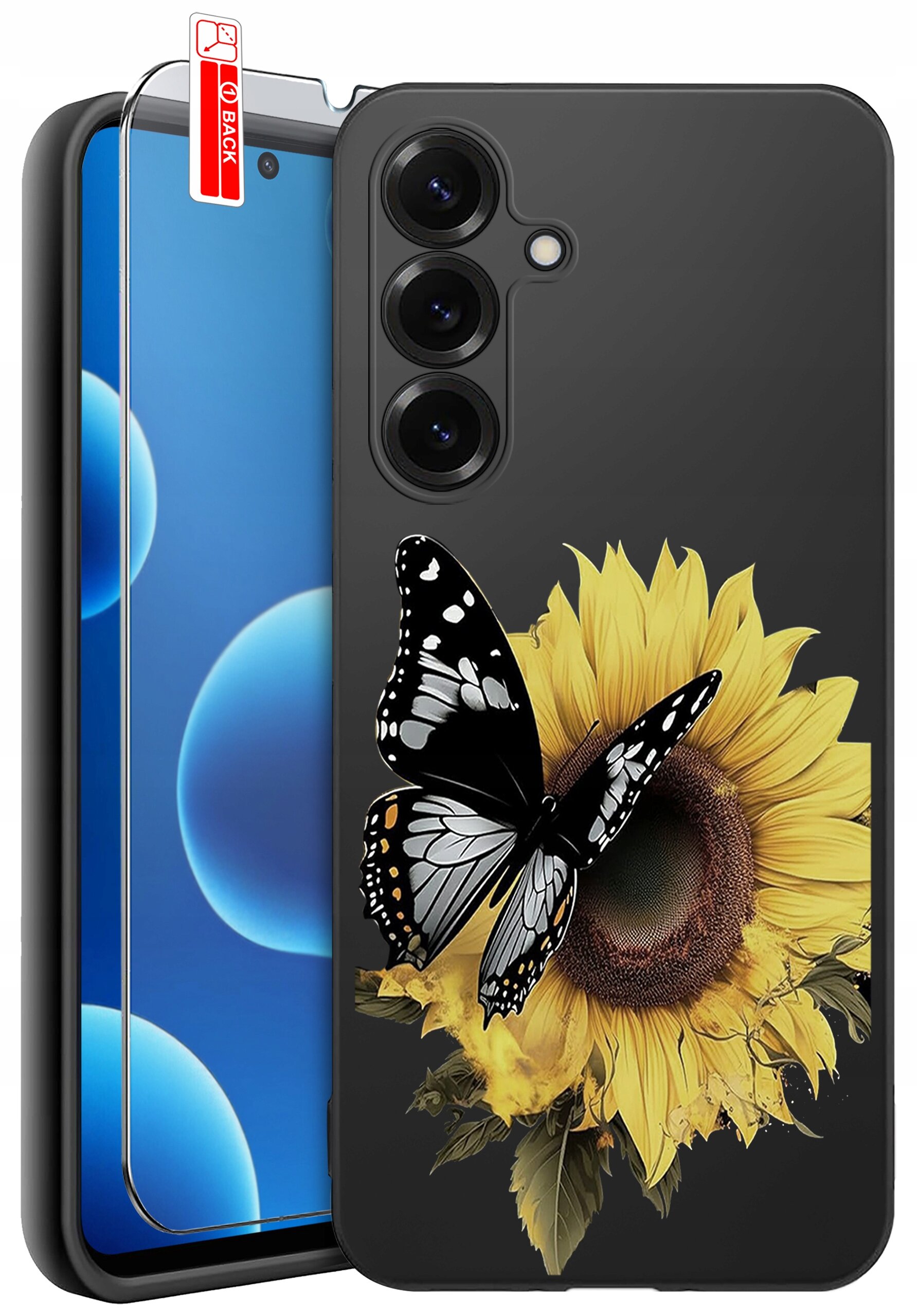 Etui na telefon z motywem słonecznika i czarno-białego motyla, obok znajduje się szkło ochronne z napisem \'BACK\'.