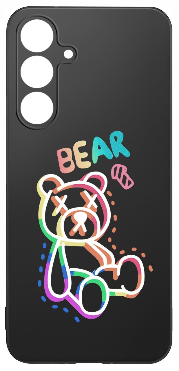 Czarne etui na telefon z kolorowym rysunkiem misia i napisem \'BEAR\'.