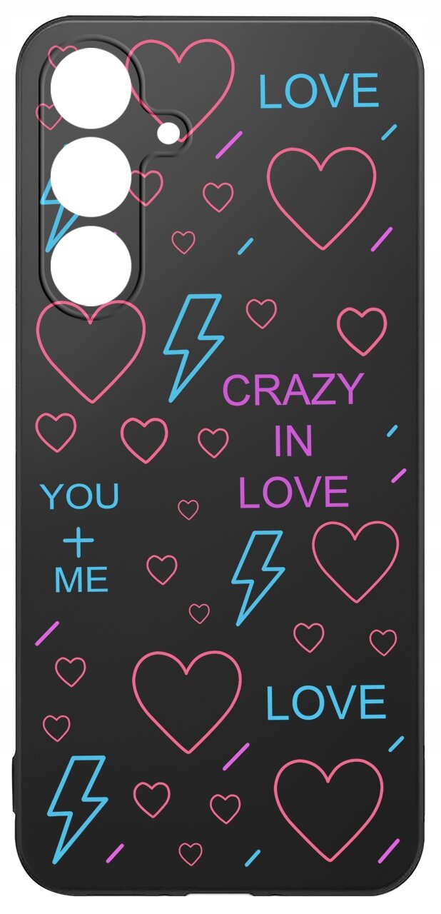 Czarne etui z kolorowymi wzorami serc, błyskawic i napisami: \'LOVE\', \'CRAZY IN LOVE\', \'YOU + ME\'.