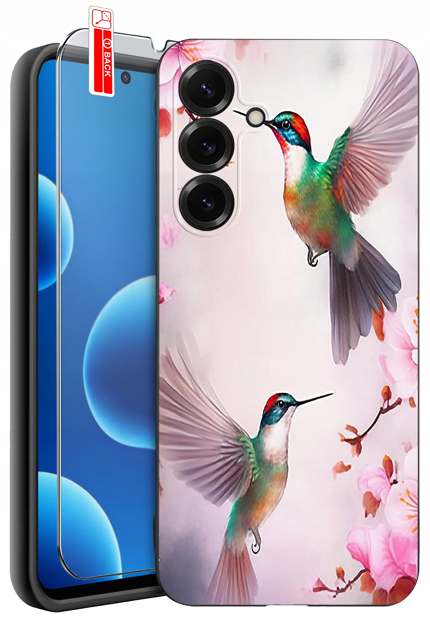 Etui na telefon z kolorowym wzorem kolibrów i kwiatów, obok którego znajduje się szkło ochronne z napisem \'BACK\'.