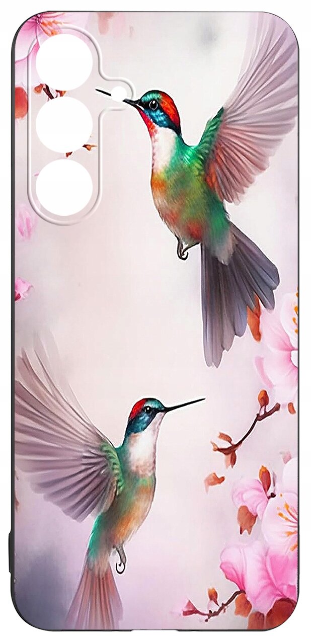 Etui na telefon z kolorowym wzorem przedstawiającym dwa kolibry w locie otoczone różowymi kwiatami. Tło jest jasne, a otwory na aparat są widoczne po jednej stronie.
