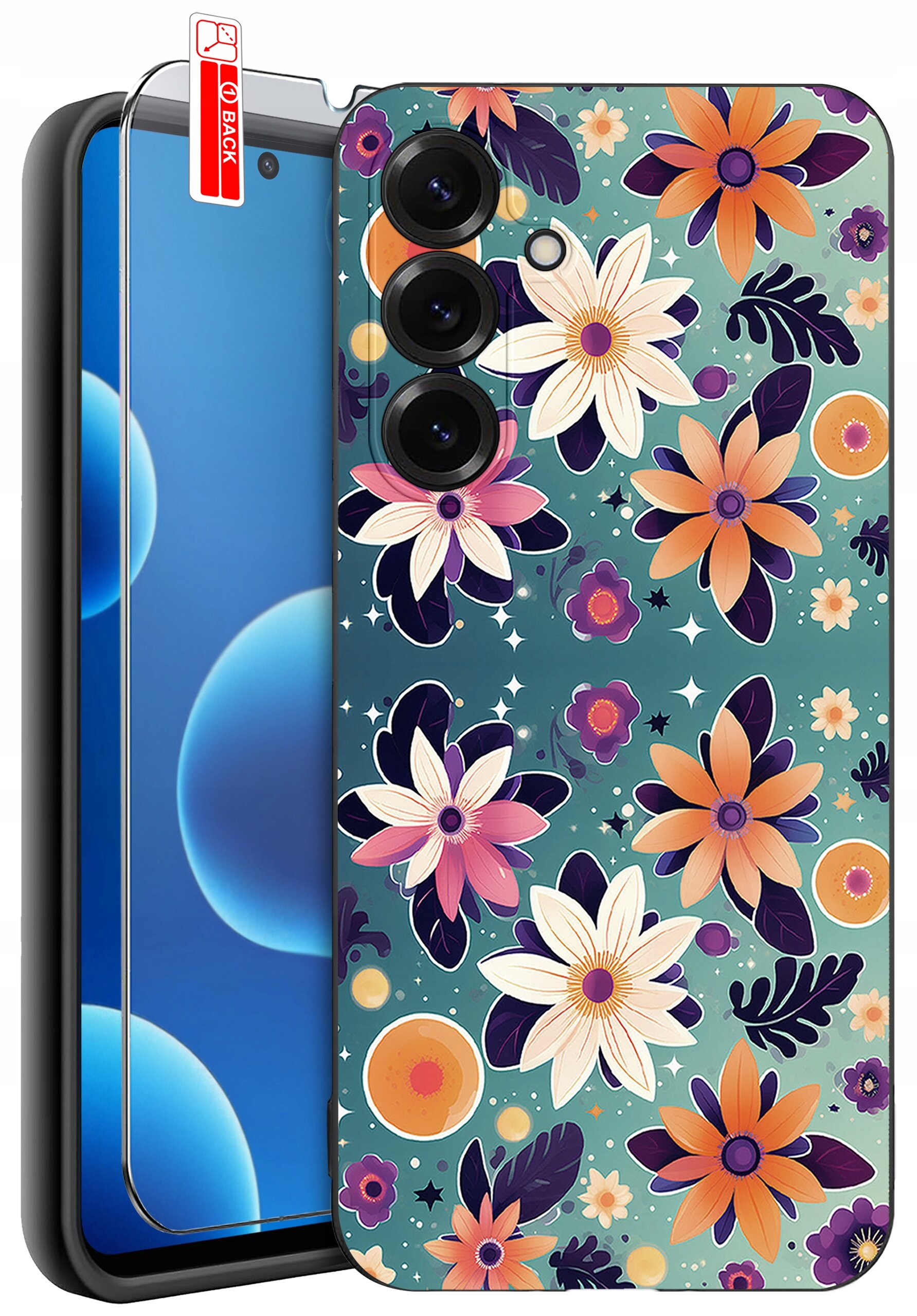 Etui na telefon z kolorowym wzorem kwiatowym w odcieniach pomarańczowego, fioletowego i białego. Obok etui znajduje się szkło ochronne z oznaczeniem \'BACK\'.