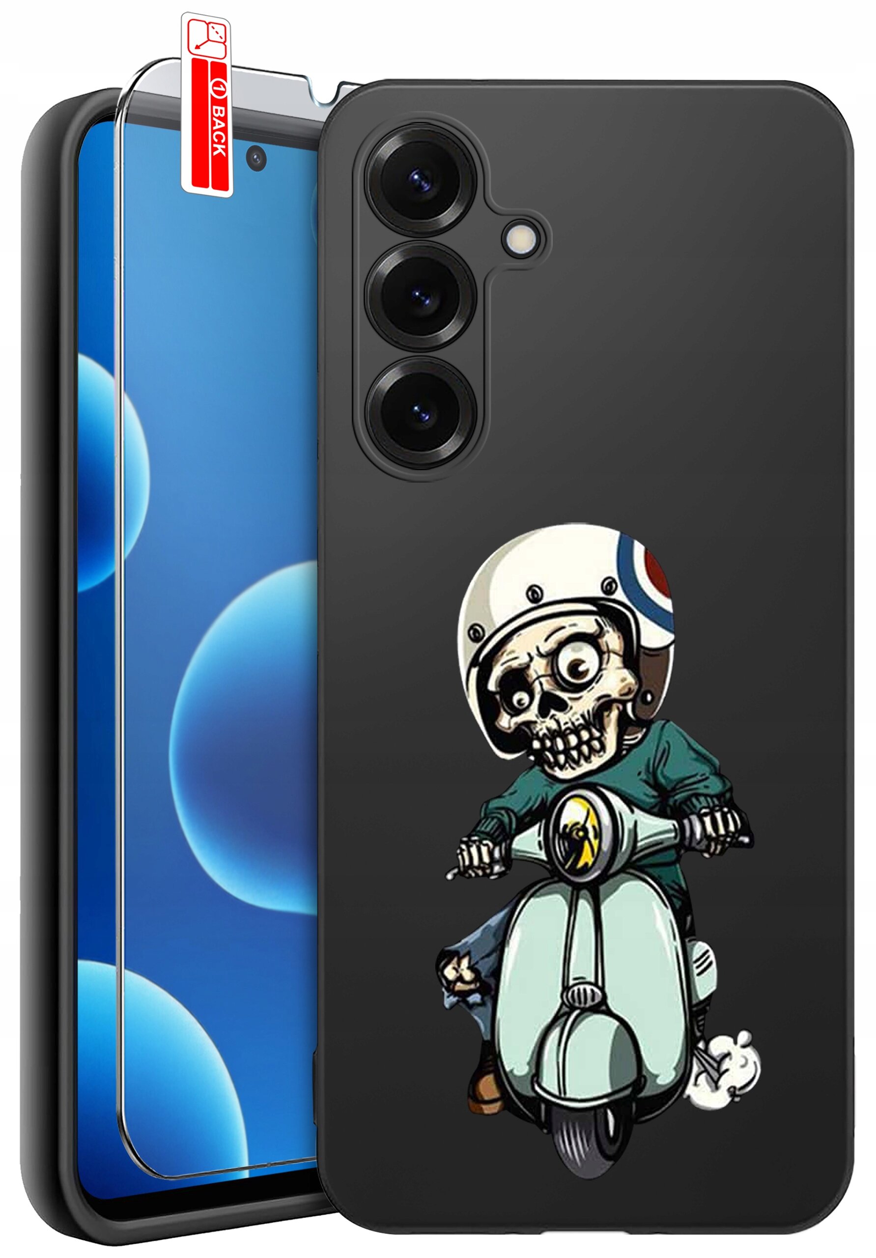 Czarne etui na telefon z nadrukiem postaci szkieletu na skuterze w kasku. Obok etui znajduje się szkło ochronne z etykietą \'BACK\'.