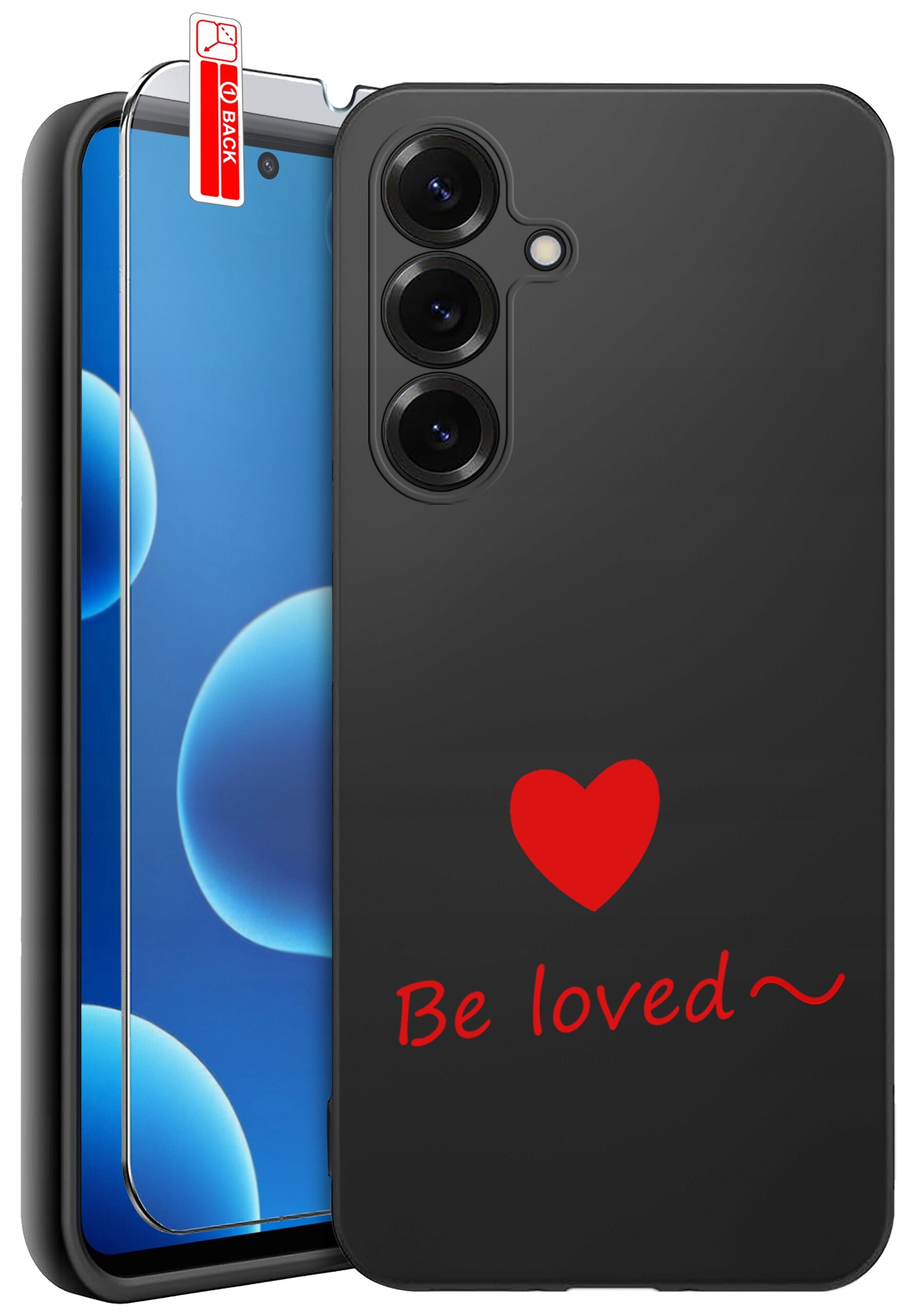 Czarne etui na telefon z czerwonym sercem i napisem \'Be loved~\'. Obok etui znajduje się szkło ochronne z etykietą \'BACK\'.