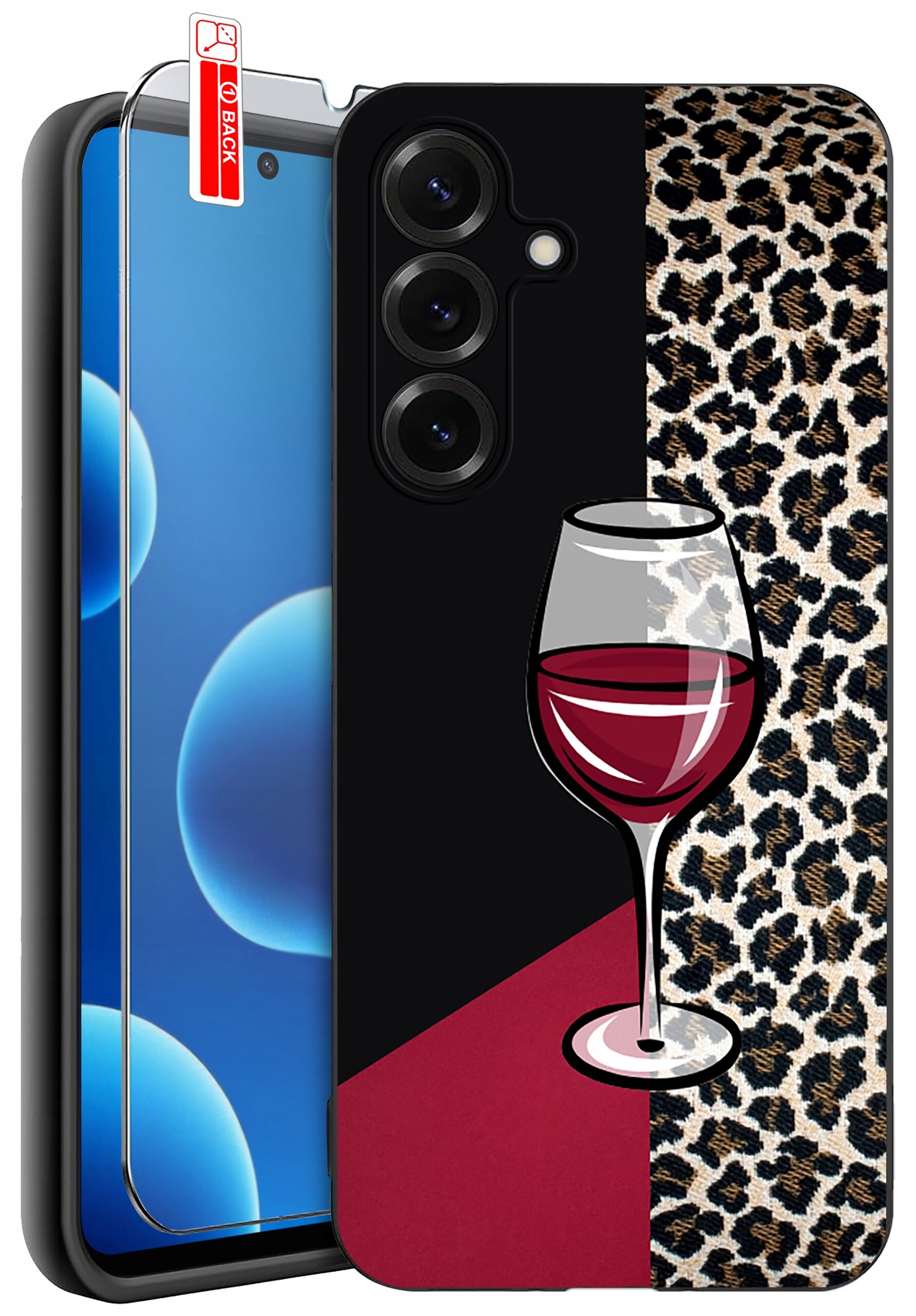 Etui na telefon z wzorem kieliszka wina na tle czarno-bordowym oraz wzorem w cętki. Obok znajduje się szkło ochronne z oznaczeniem \'BACK\'.