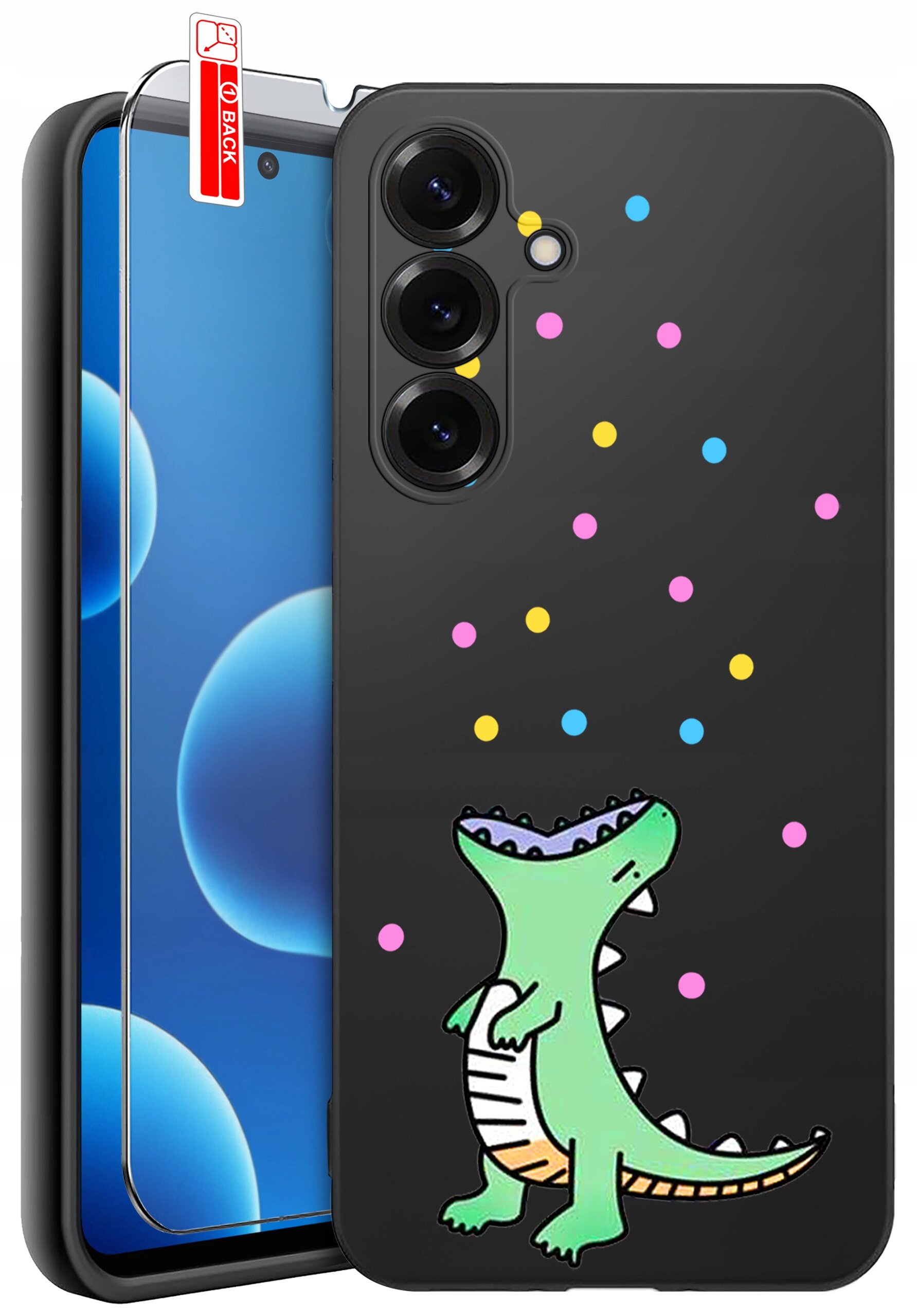 Obraz przedstawia czarne etui na telefon z kolorowym wzorem dinozaura i kolorowymi kropkami. Obok etui znajduje się szkło ochronne z napisem \'BACK\'.
